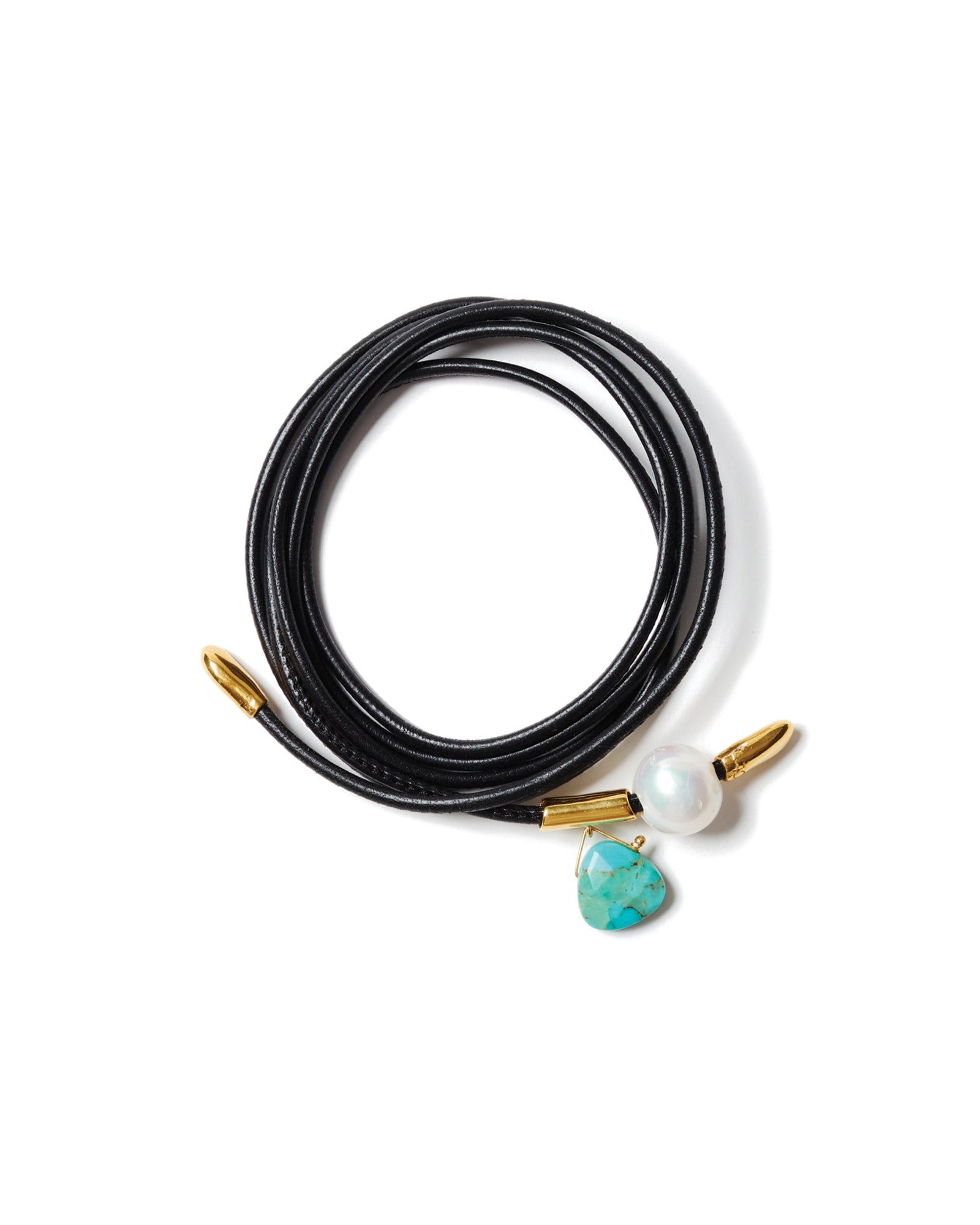 Five Wrap Leather & Pearl Bracelet 18k Gold Vermeil, Leather, Turquoise