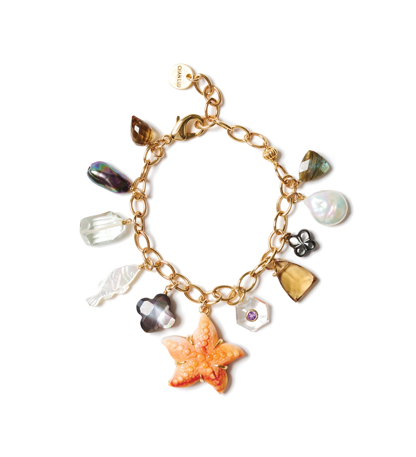 Starfish Mix Charm Bracelet 18k Gold Plated,  Pearls, Quartz