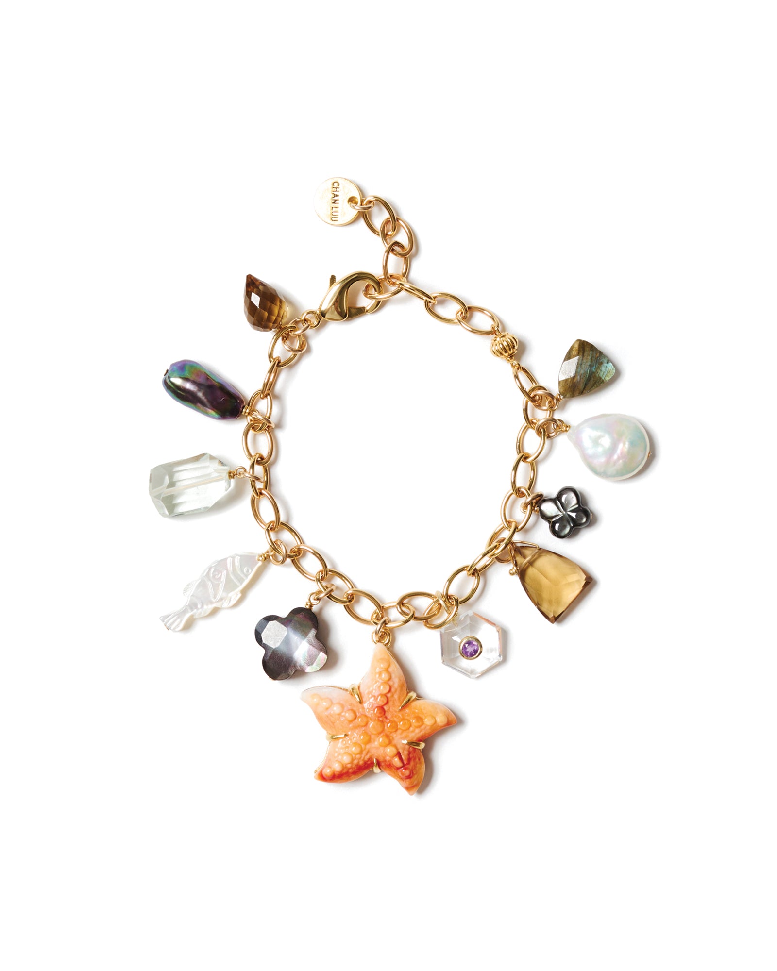 Starfish Mix Charm Bracelet 18k Gold Plated,  Pearls, Quartz