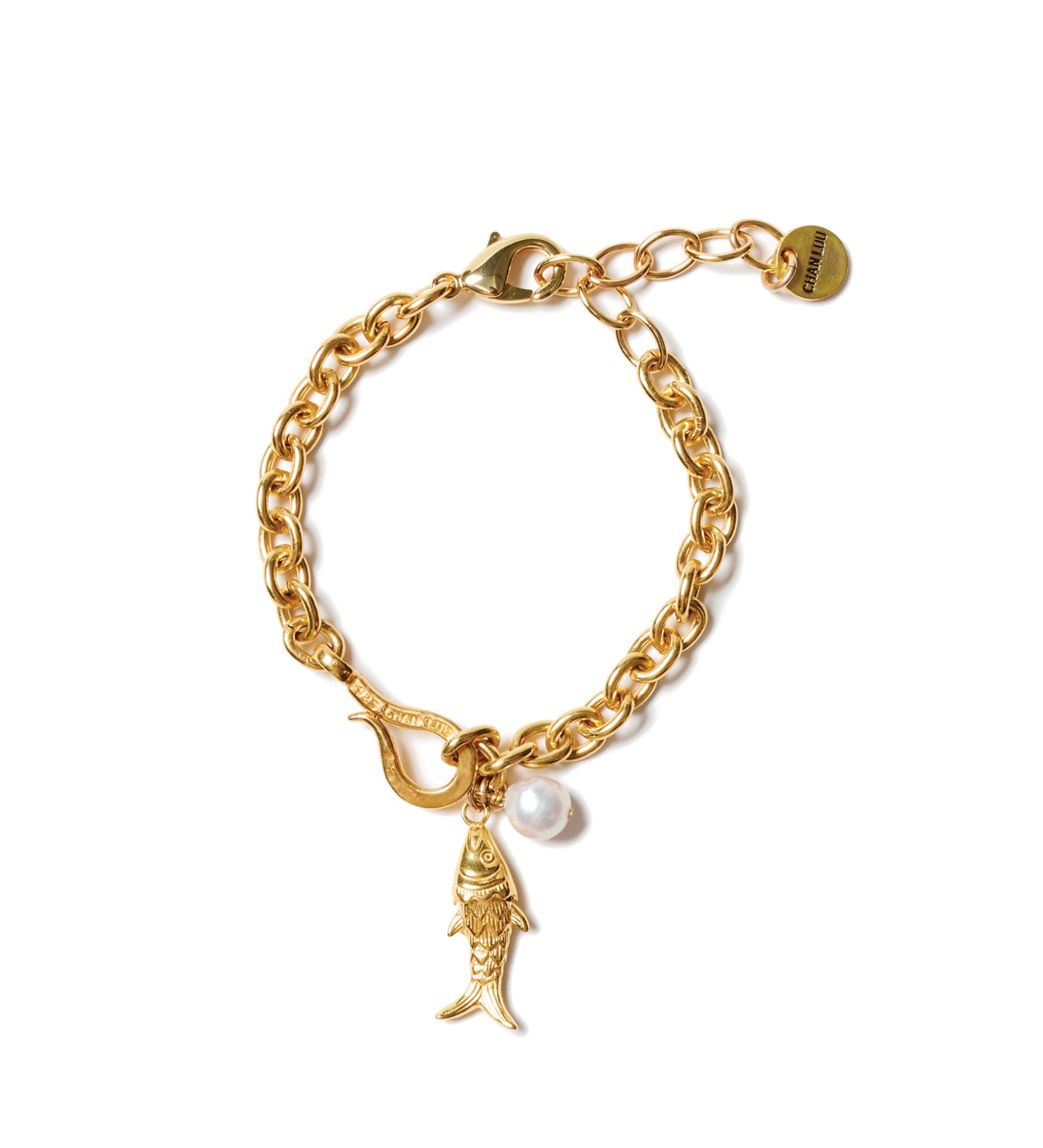 Fish Pearl Drop Bracelet Gold Plated, White Pearl