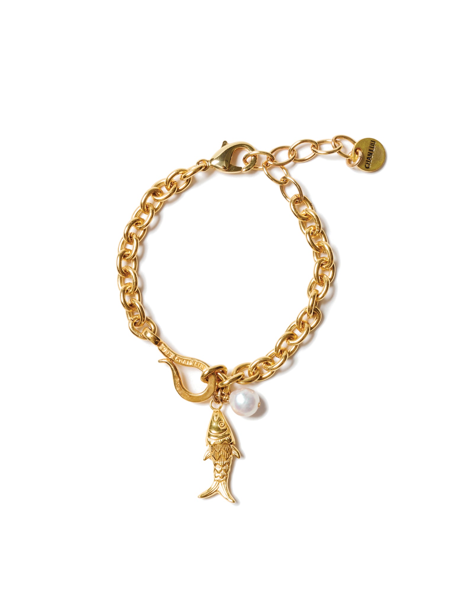 Fish Pearl Drop Bracelet Gold Plated, White Pearl