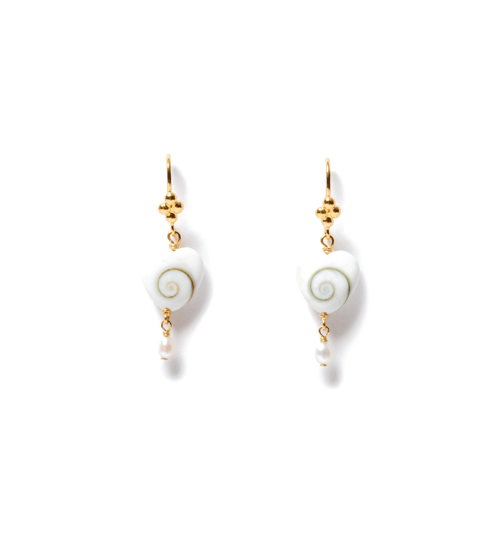 Heart Carved Shell Hook Earrings 18k Gold Vermeil, Shiva Shell, Freshwater Pearl