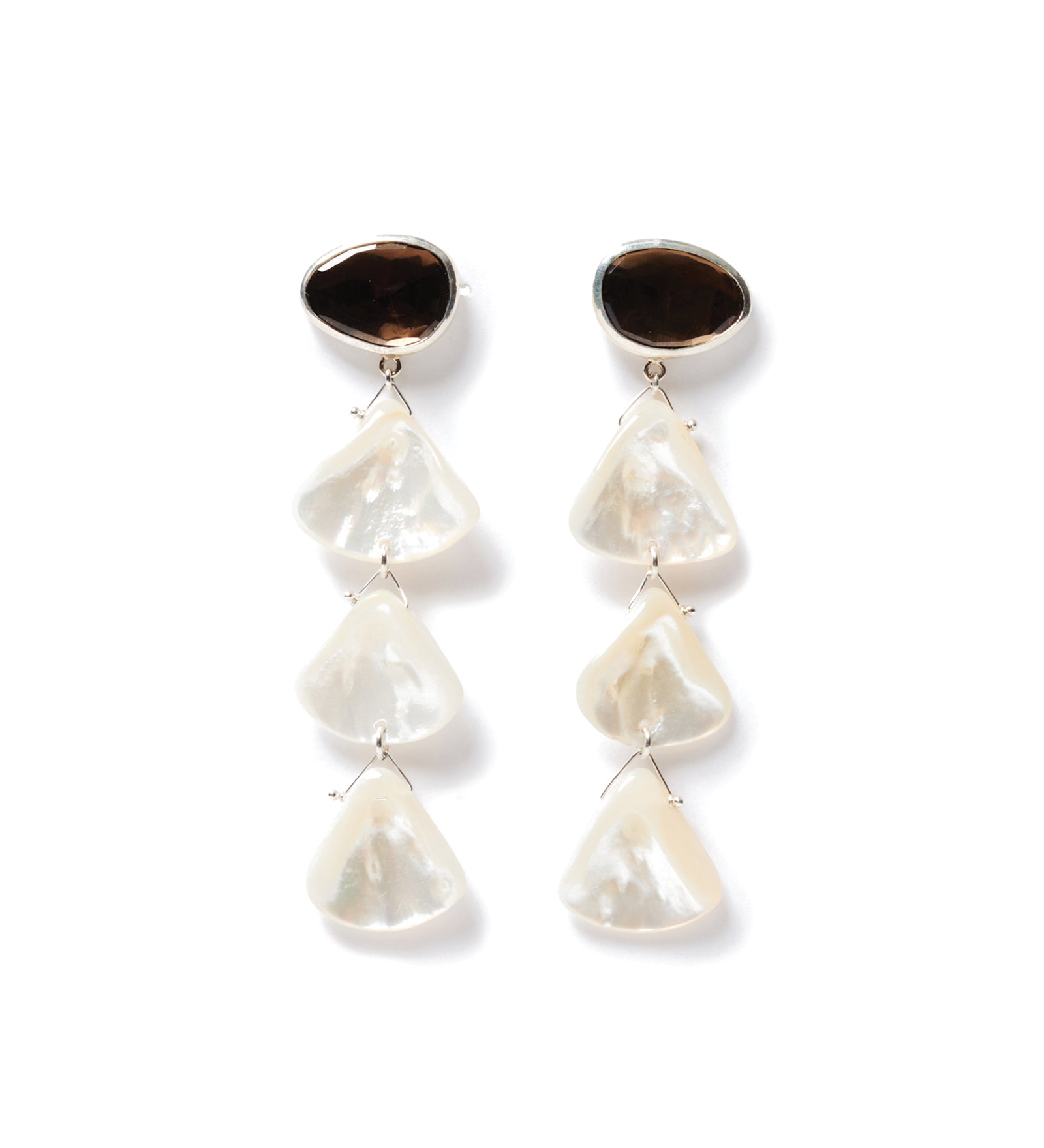 Three Pearl Drop Stud Sterling Silver, Smoky Quartz. Pearl