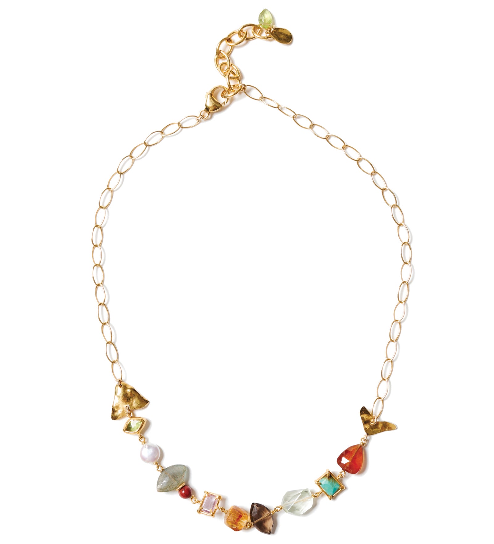 Fish Station Stone Necklace 18k Gold Vermeil, Labradorite, Red Jasper