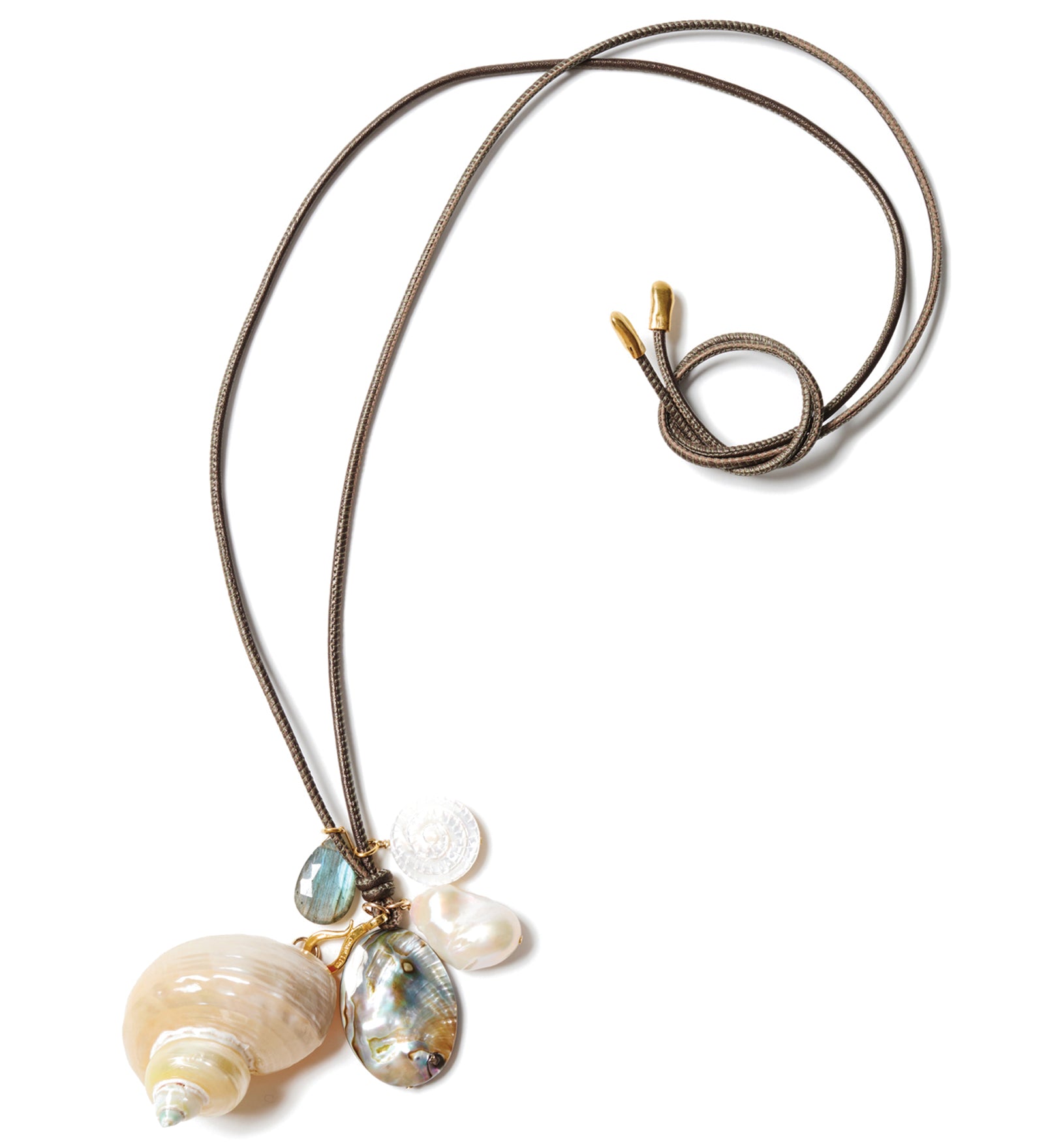 Leather Cluster Necklace 18k Gold Vermeil, Leather, Shell