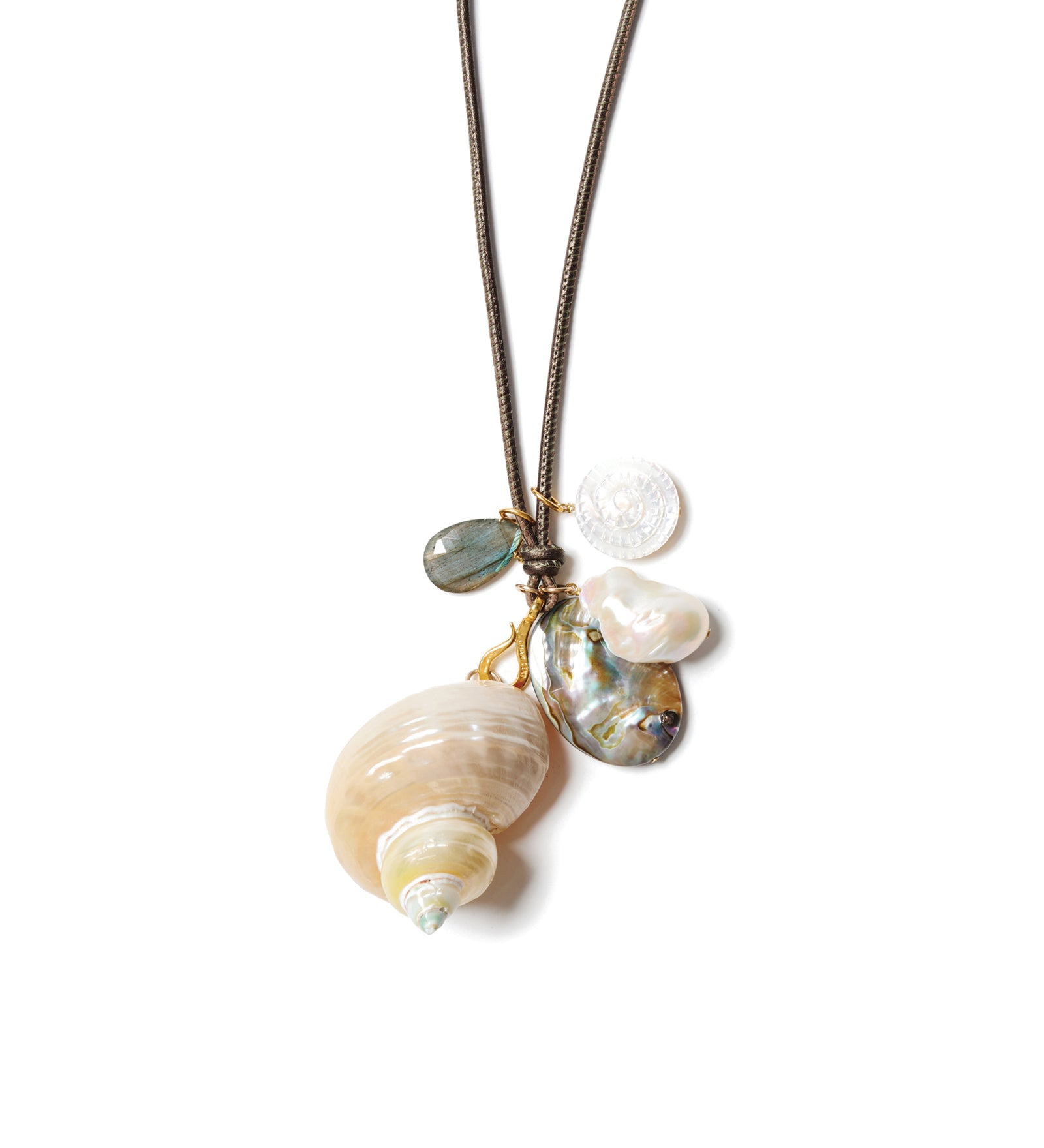 Leather Cluster Necklace 18k Gold Vermeil, Leather, Shell