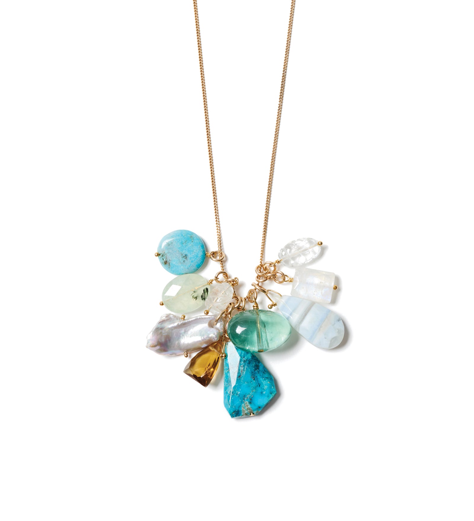 Cluster Mixed Stone Necklace 18k Gold Vermeil, Turquoise, Aquamarine