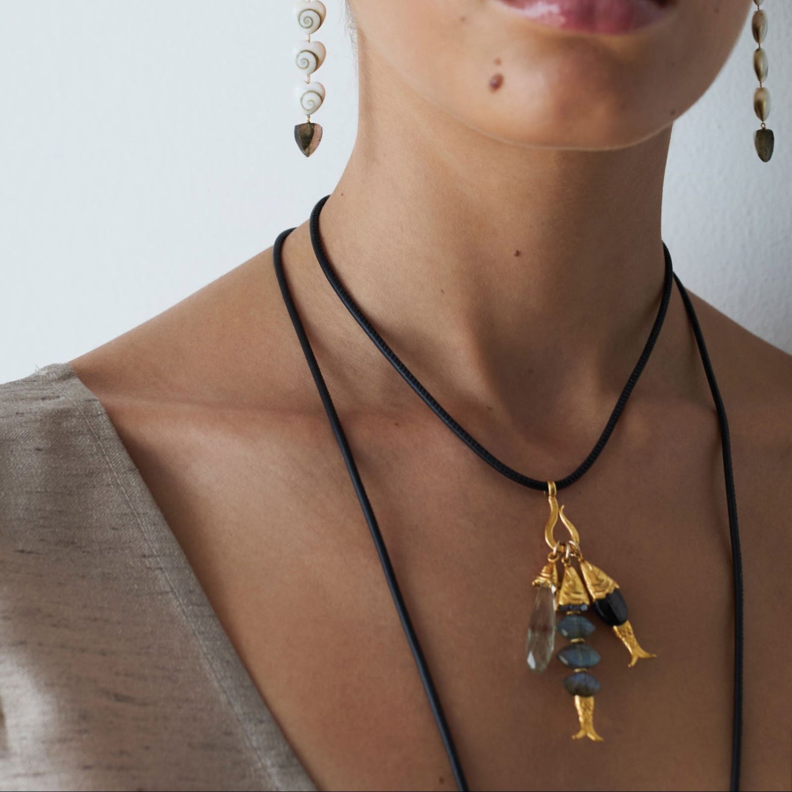 Fish Charm Leather  Necklace 18k Gold Plated, Leather, Green Amethyst