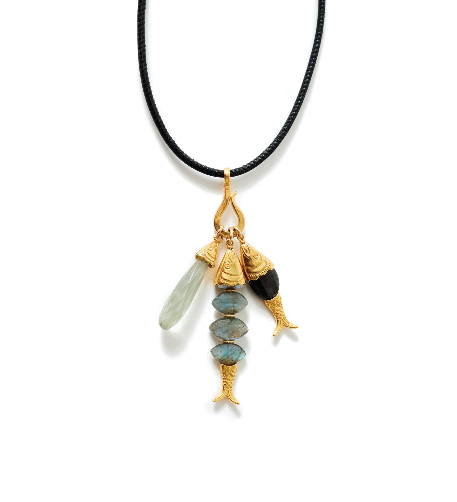 Fish Charm Leather  Necklace 18k Gold Plated, Leather, Green Amethyst