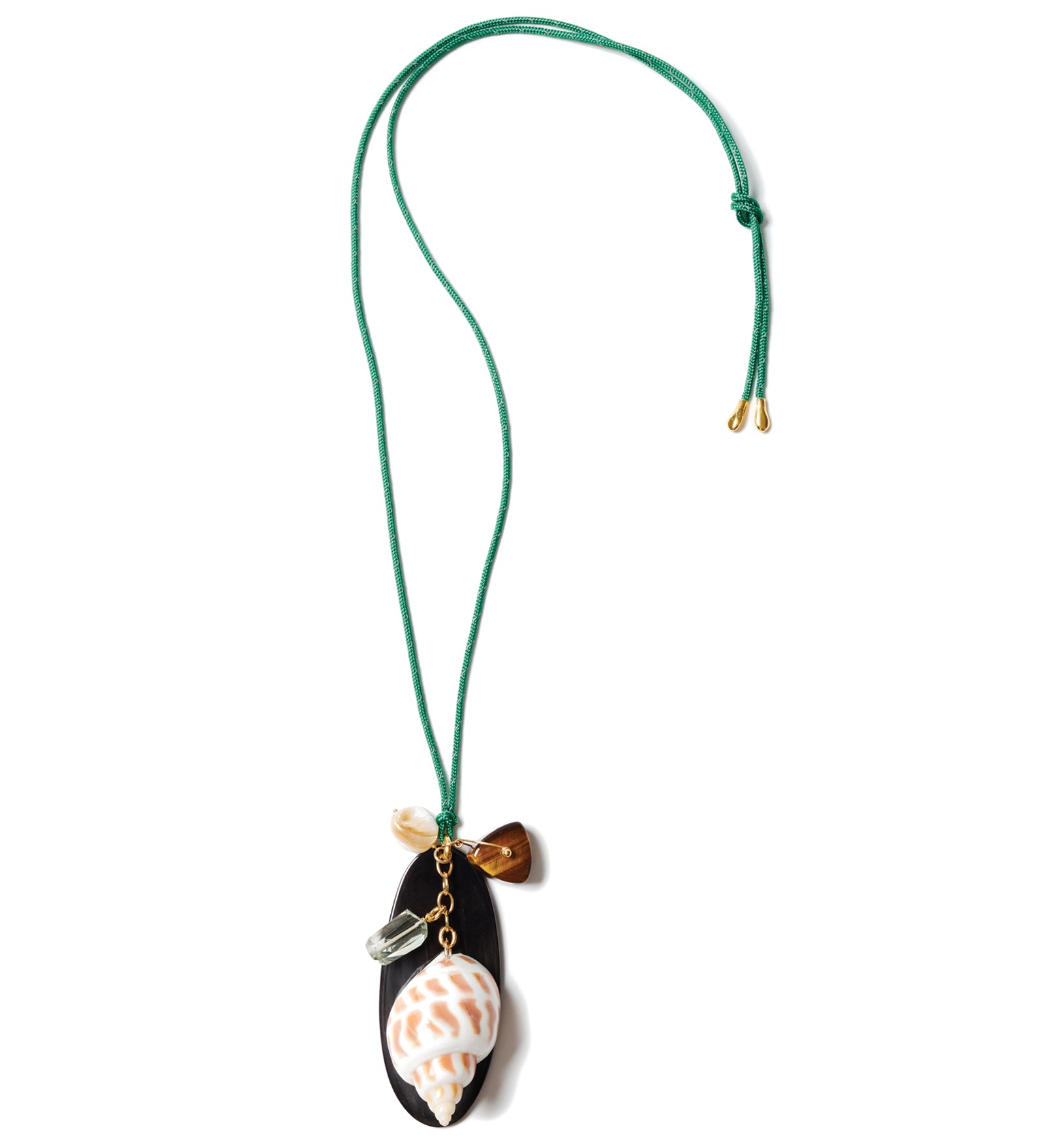 Paracord Mix Stone Charm Necklace 18k Gold Plated, Green Paracord, Tigers Eye
