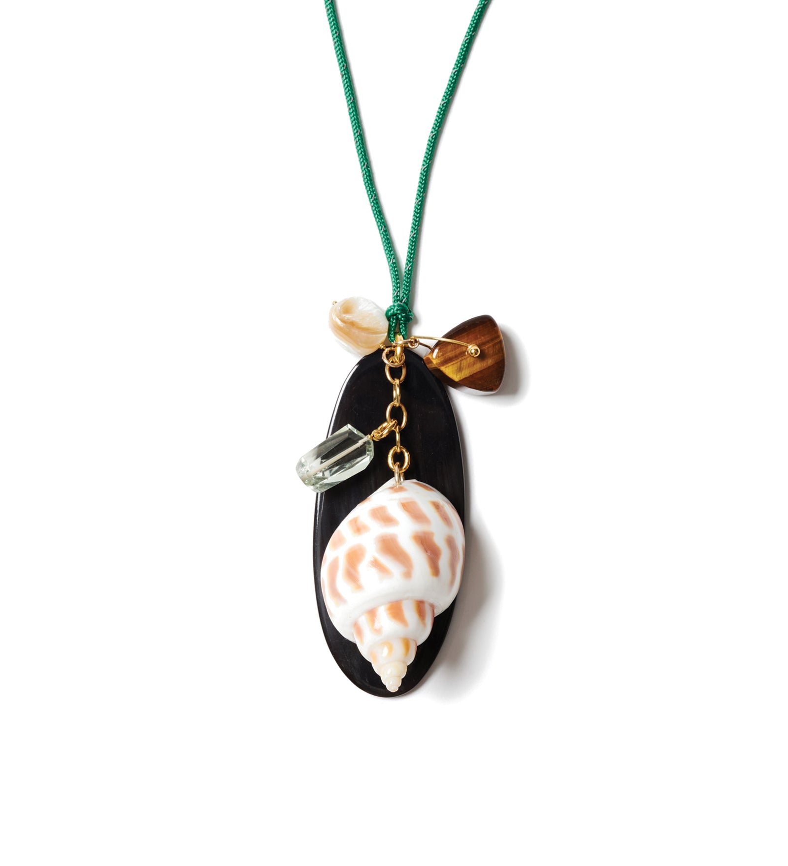 Paracord Mix Stone Charm Necklace 18k Gold Plated, Green Paracord, Tigers Eye
