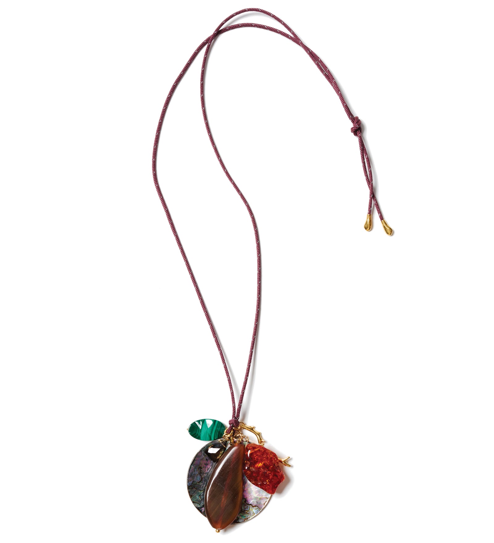 Paracord Mix Stone Charm Necklace 18k Gold Plated, Maroon Paracord, Abalone
