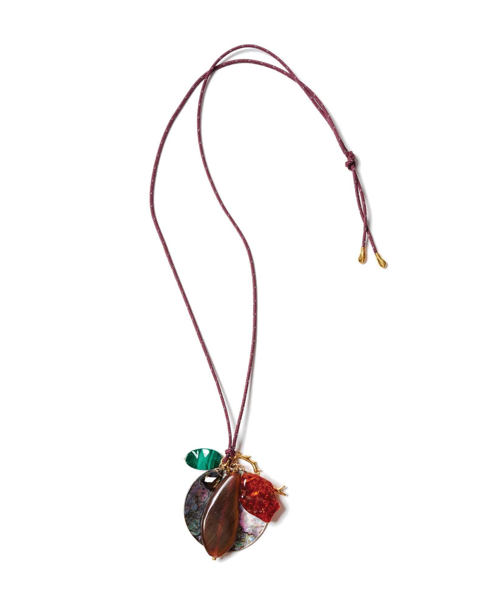 Paracord Mix Stone Charm Necklace 18k Gold Plated, Maroon Paracord, Abalone