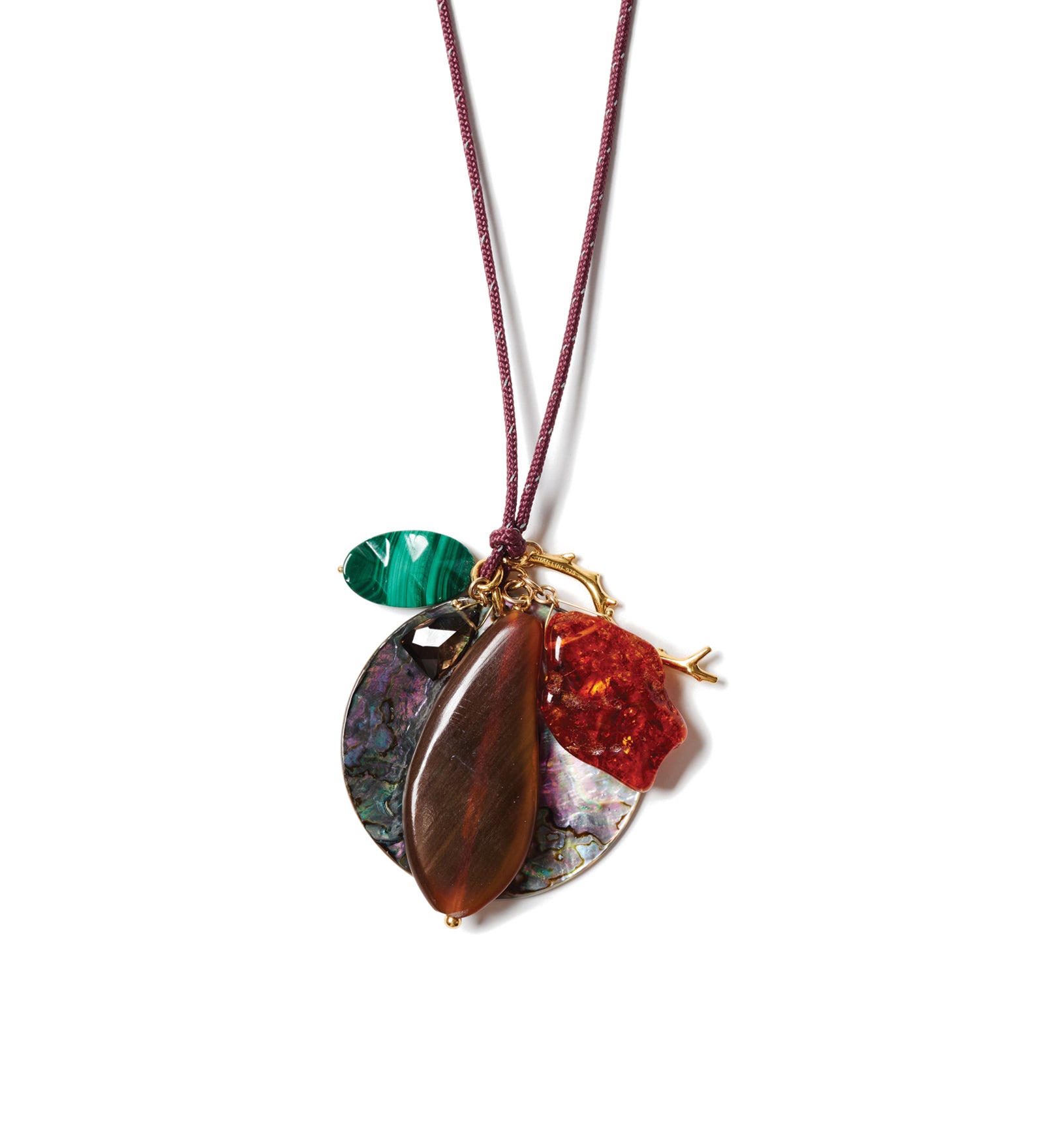 Paracord Mix Stone Charm Necklace 18k Gold Plated, Maroon Paracord, Abalone