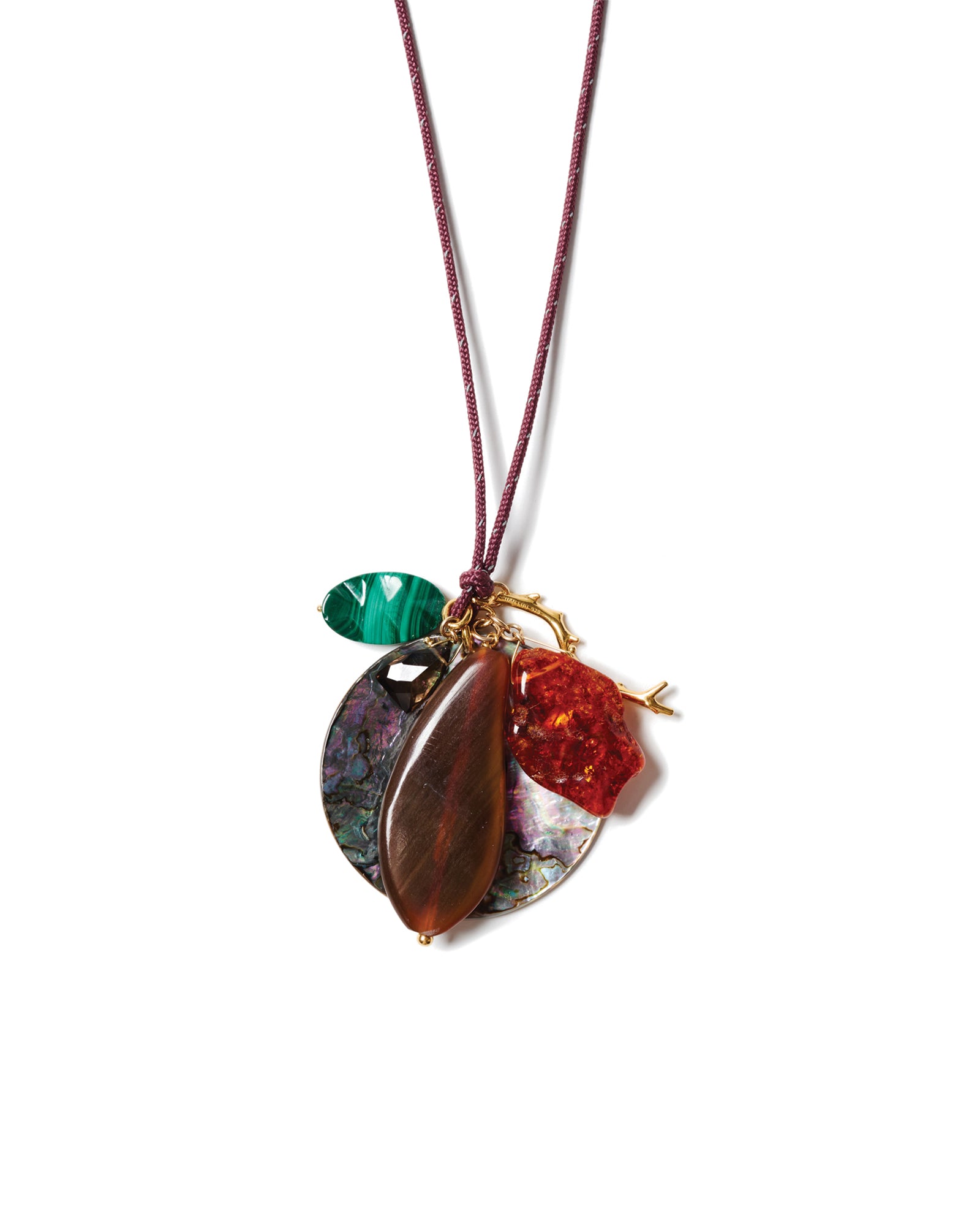Paracord Mix Stone Charm Necklace 18k Gold Plated, Maroon Paracord, Abalone