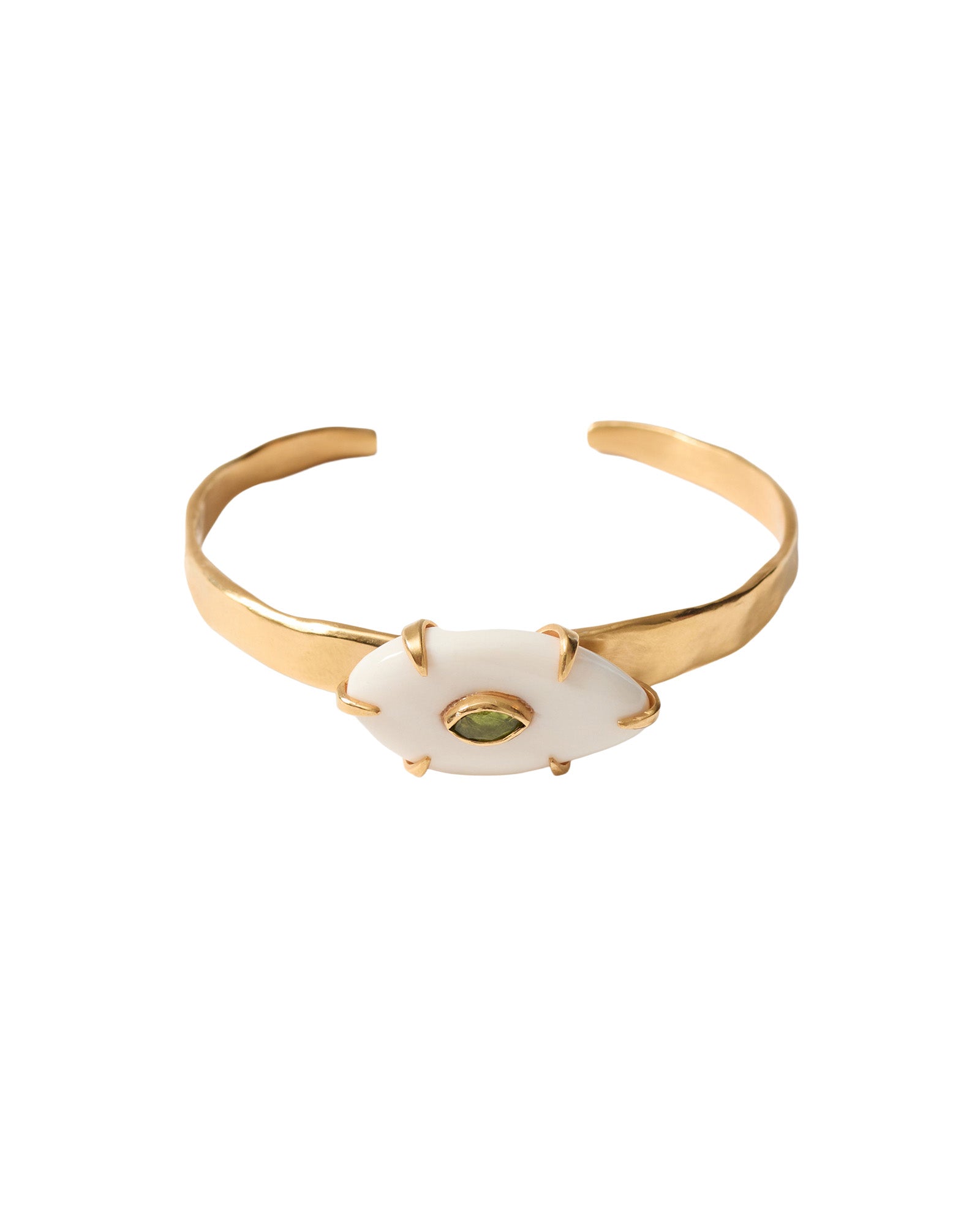 Ovl Bone Stn Cuff 18k Gold Plated, Peridot, White Bone