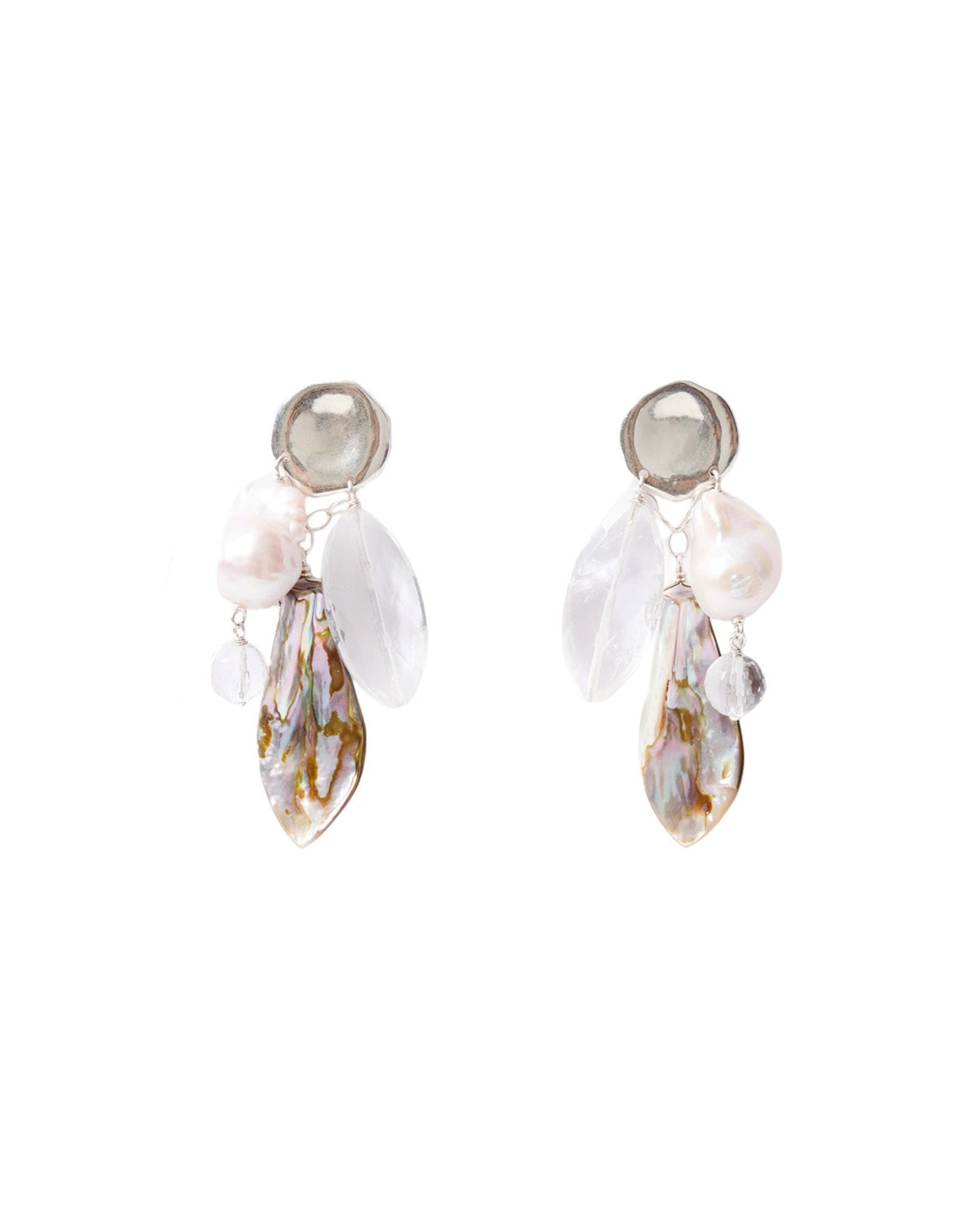 Stn Fwp Clstr Stud Sterling Silver, Quartz, White Pearl