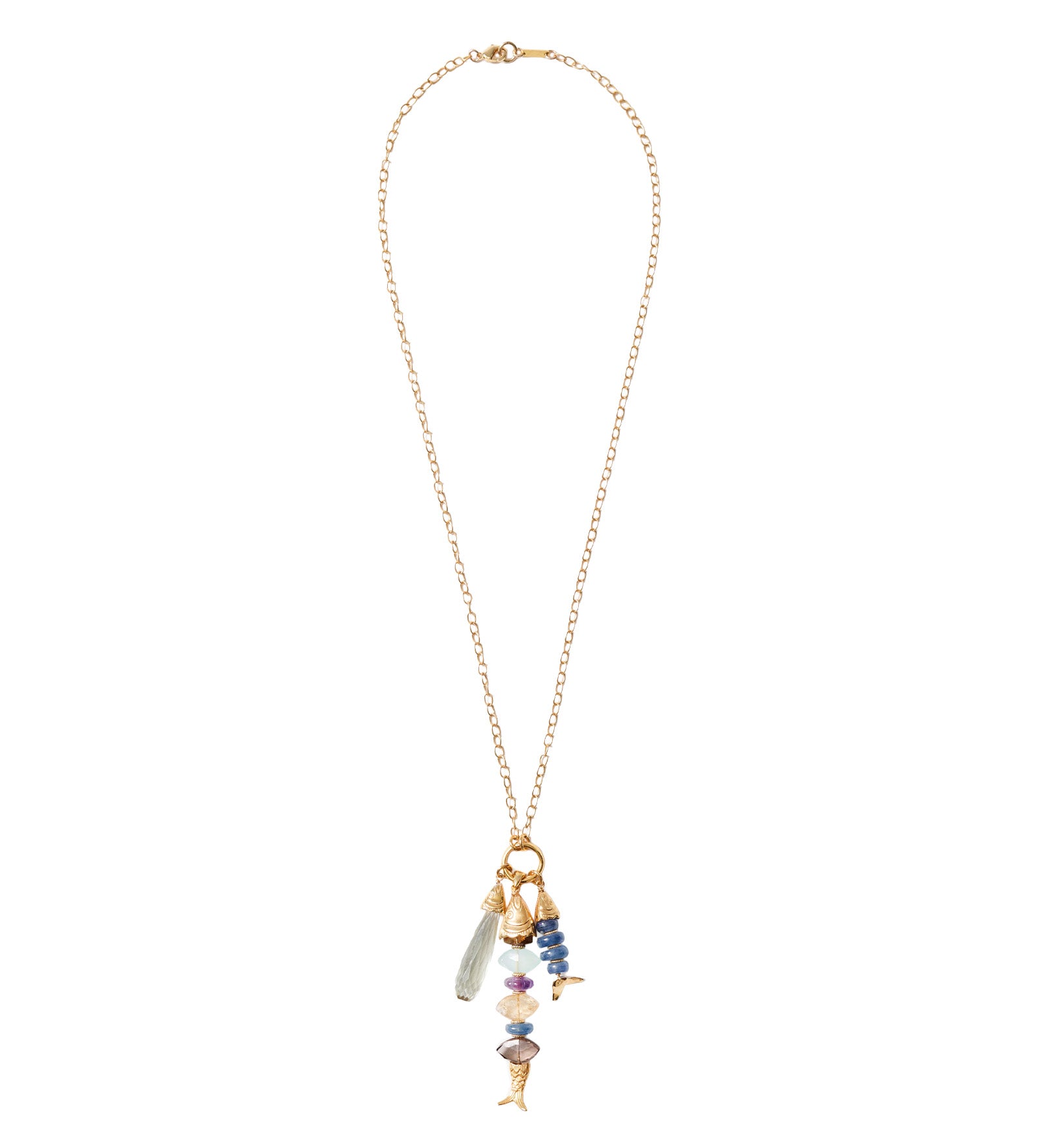 Fish Chrm Mix Stn Nk 18k Gold Plated, Green Amethyst, Kyanite