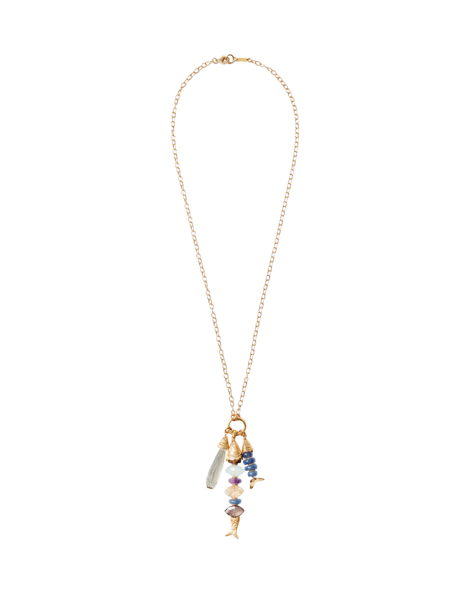 Fish Chrm Mix Stn Nk 18k Gold Plated, Green Amethyst, Kyanite