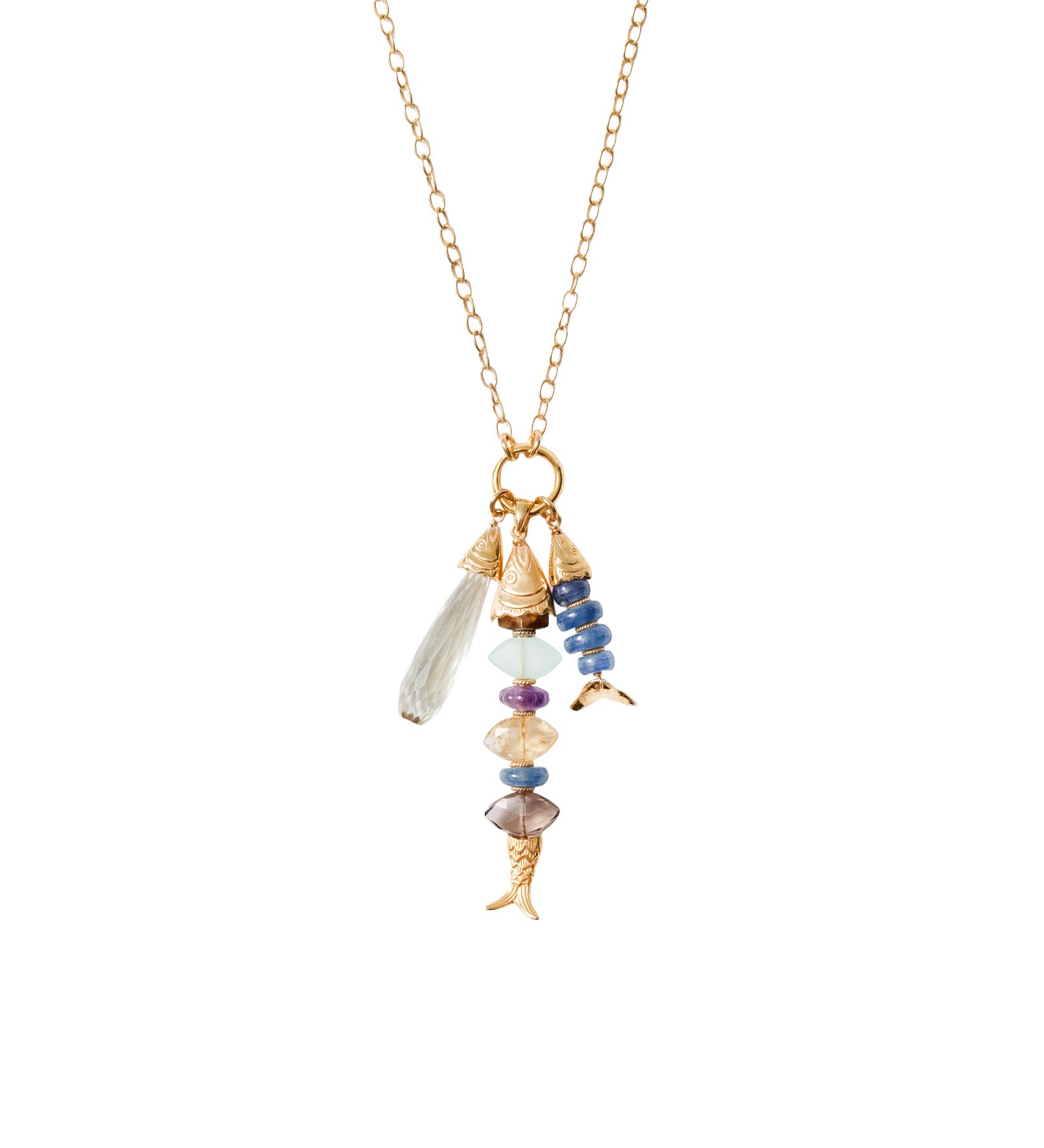 Fish Chrm Mix Stn Nk 18k Gold Plated, Green Amethyst, Kyanite