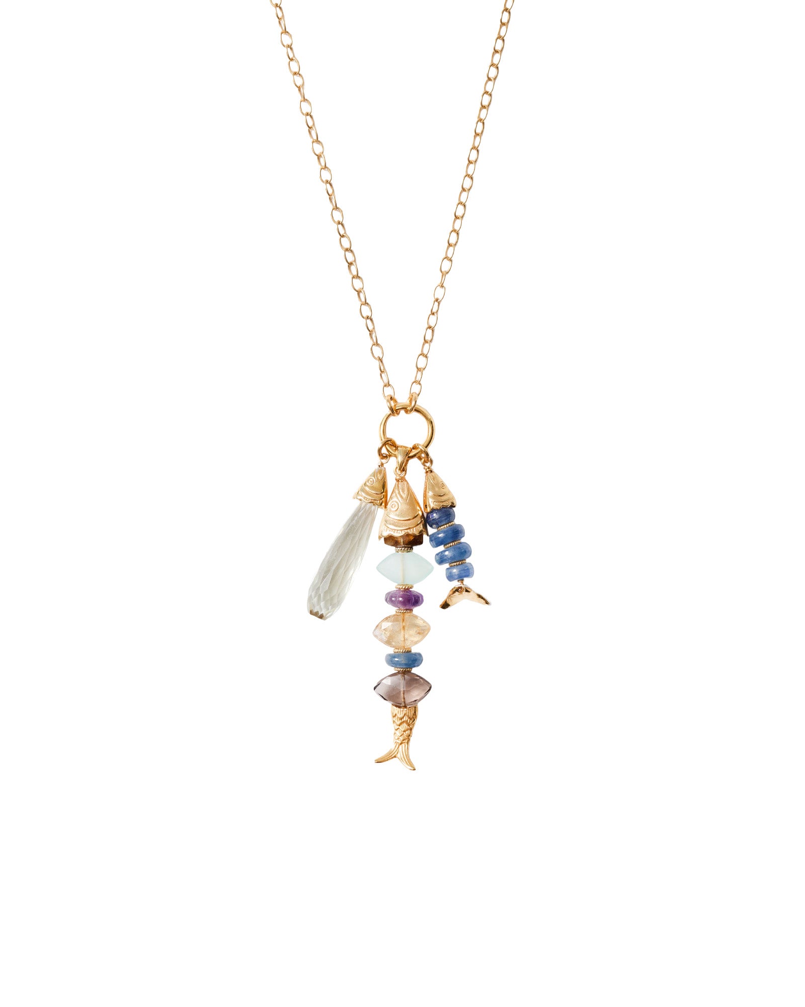 Fish Chrm Mix Stn Nk 18k Gold Plated, Green Amethyst, Kyanite