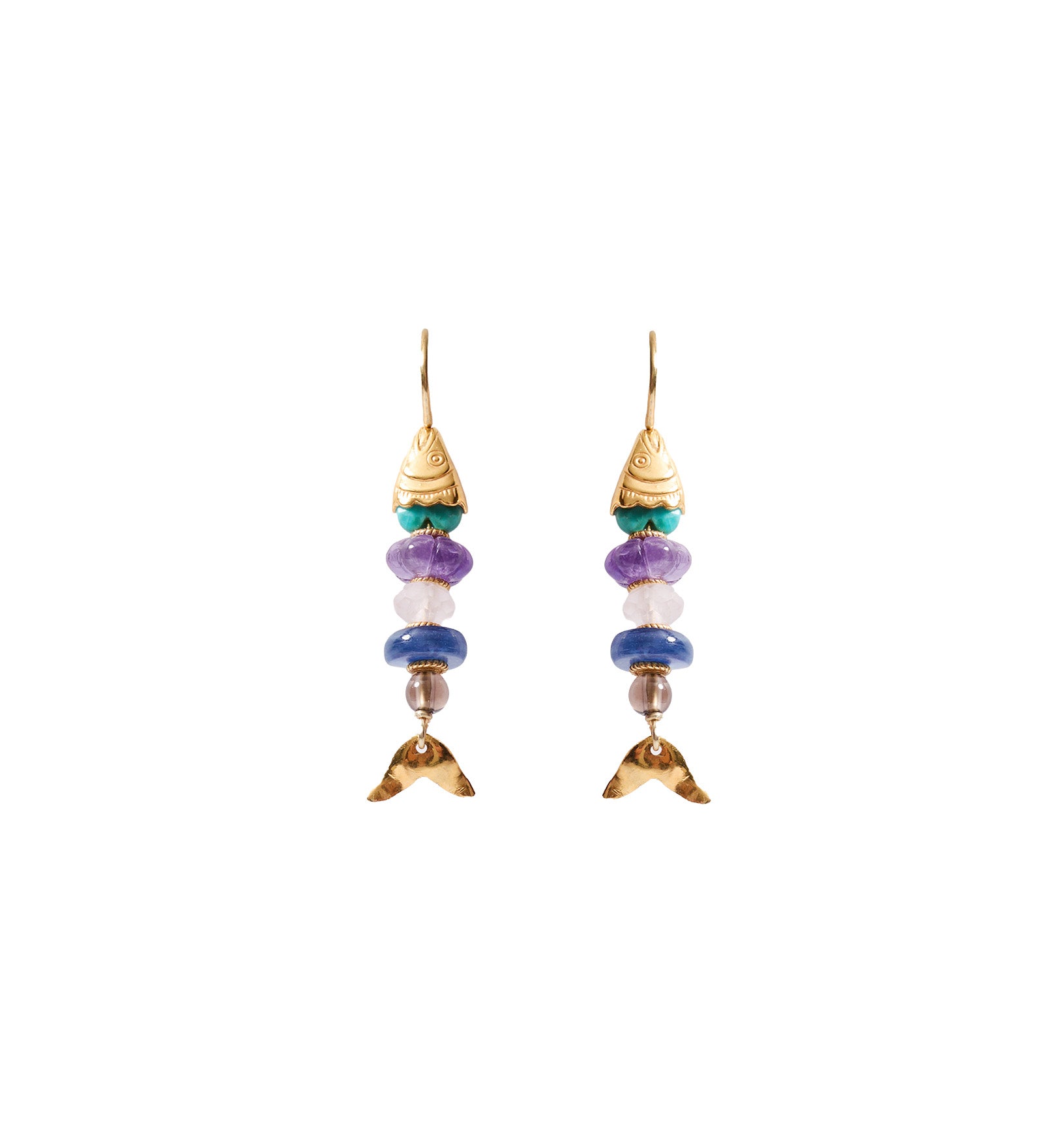 Fish Mix Stn Hk 18k Gold Plated, Turquoise, Amethyst