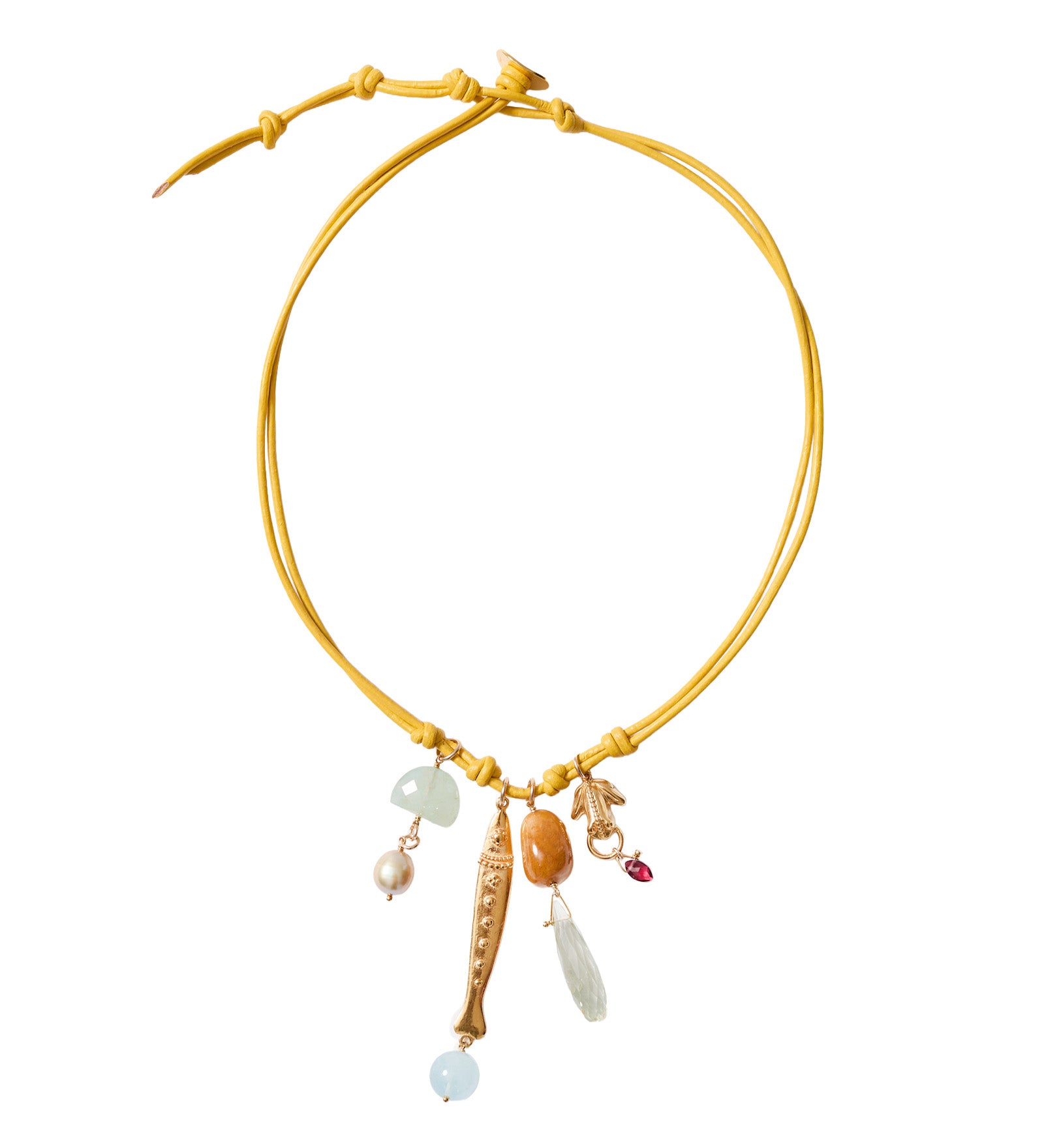Fish Chrm Lthr Nk 18k Gold Plated, Aquamarine, Green Amethyst