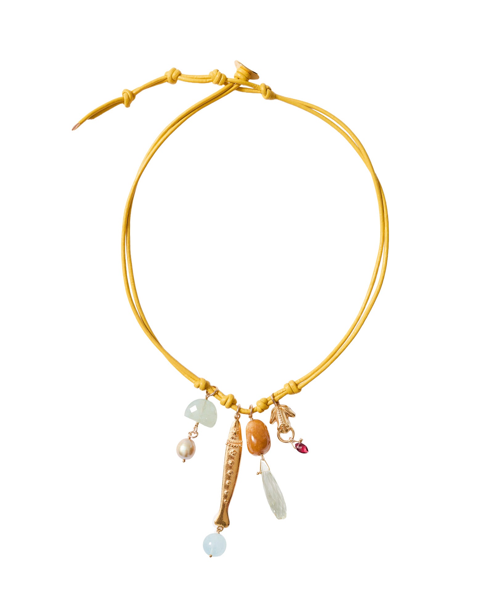 Fish Chrm Lthr Nk 18k Gold Plated, Aquamarine, Green Amethyst
