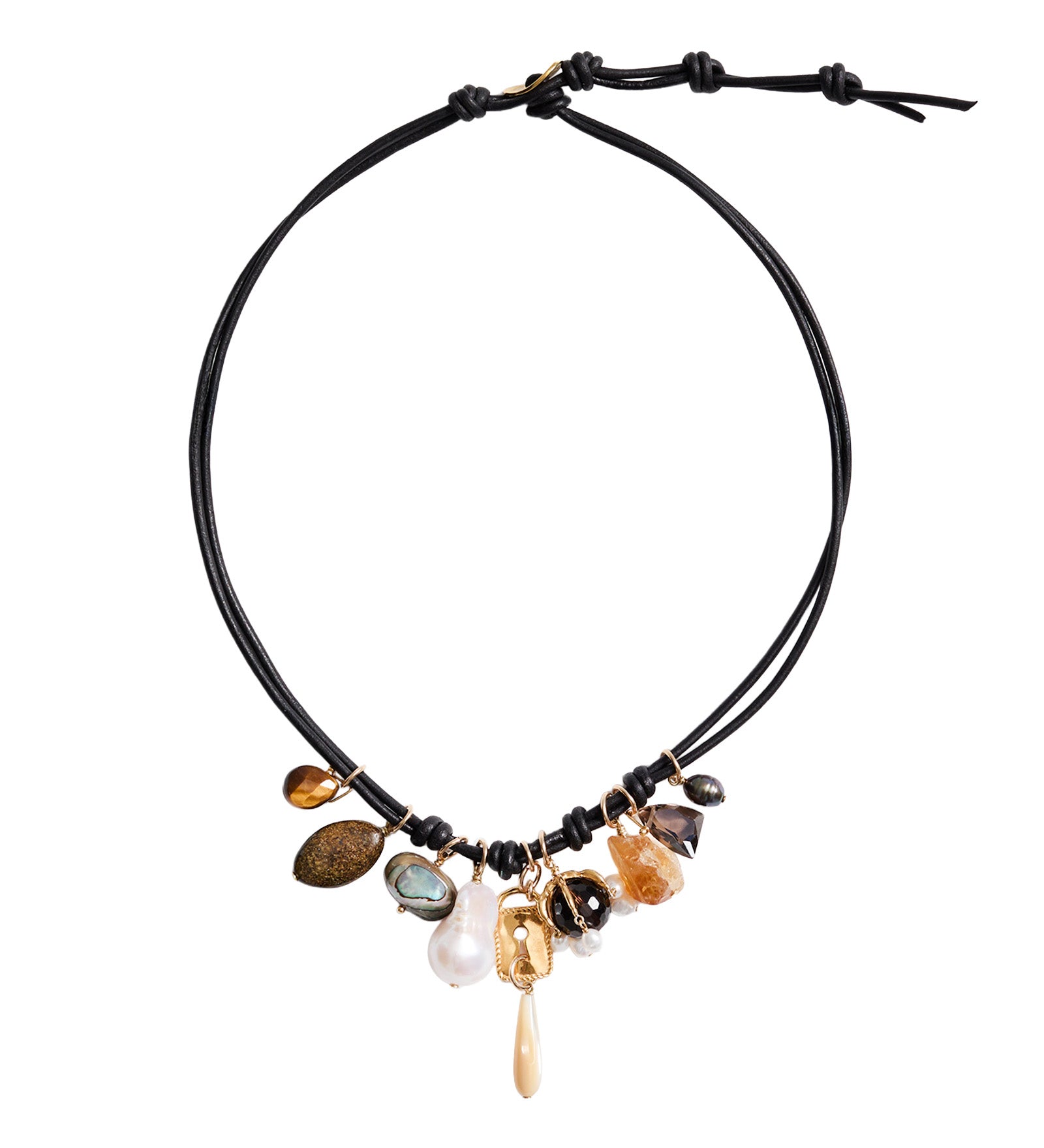 Fish Chrm Lthr Nk 18k Gold Plated, Smokey Quartz, Tigers Eye