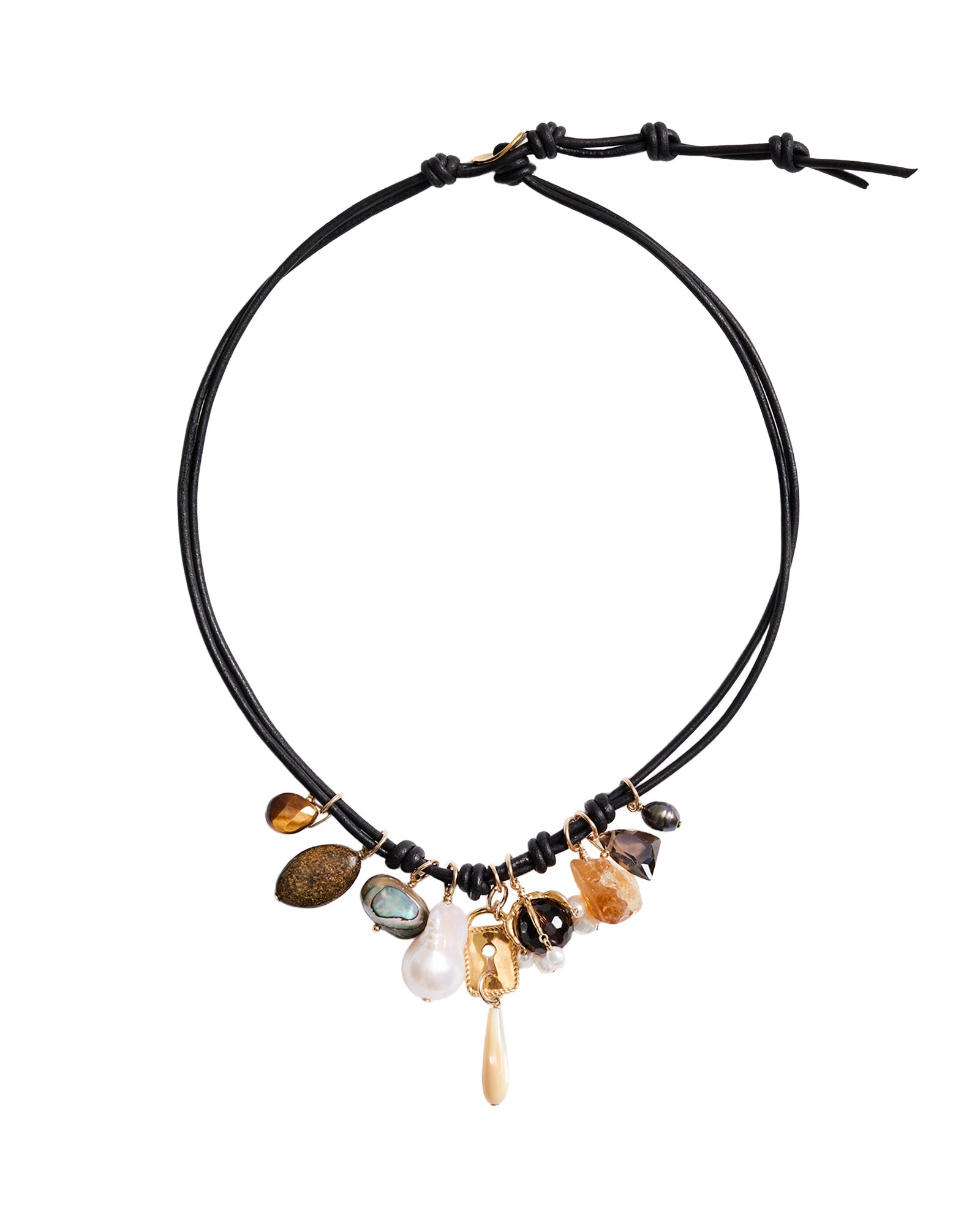 Fish Chrm Lthr Nk 18k Gold Plated, Smokey Quartz, Tigers Eye