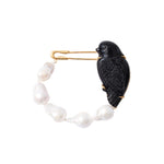 Carved Bird Fwp Safety Pin 18k Gold Plated, Black Obsidian, White Pearl