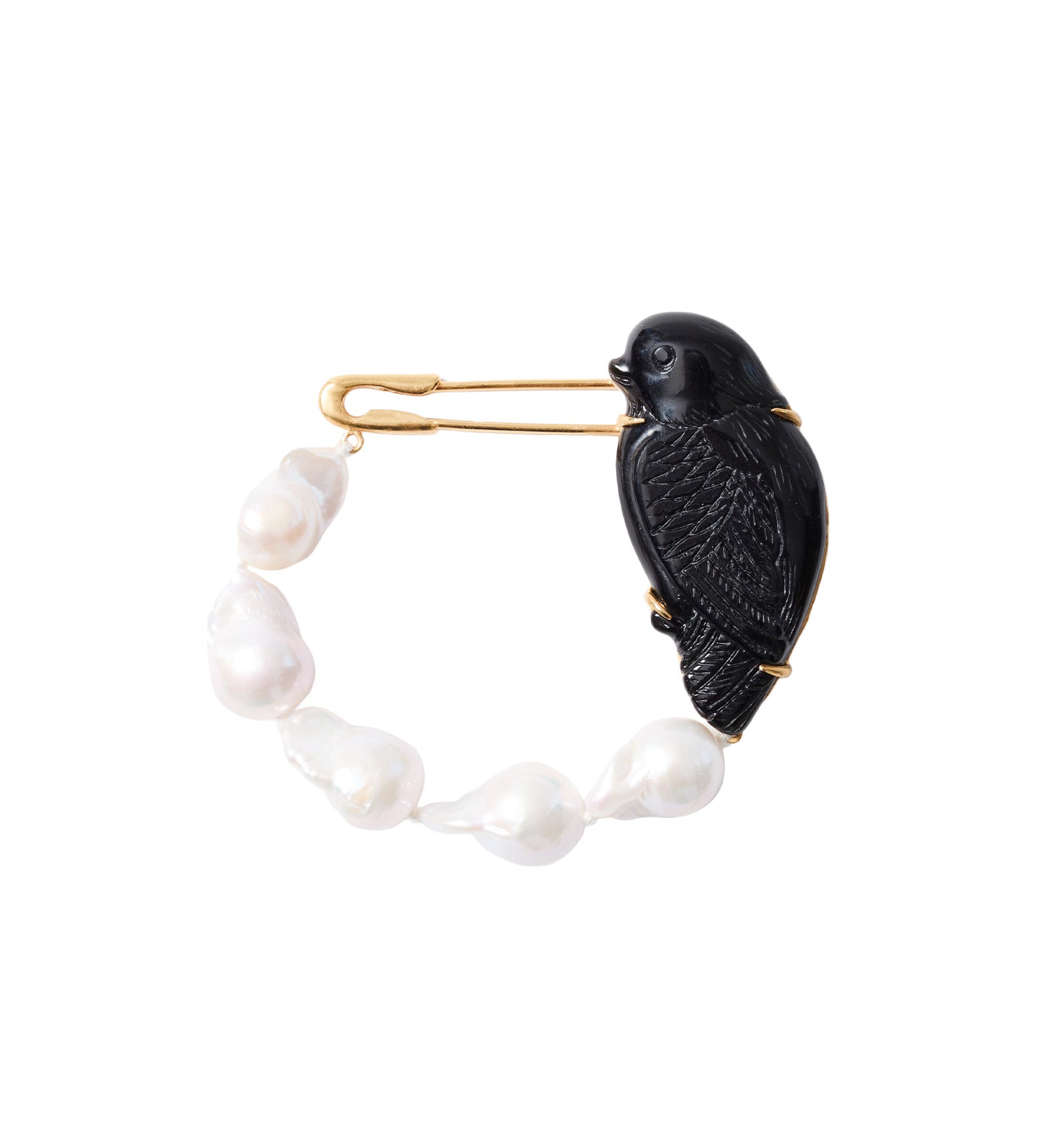 Carved Bird Fwp Safety Pin 18k Gold Plated, Black Obsidian, White Pearl