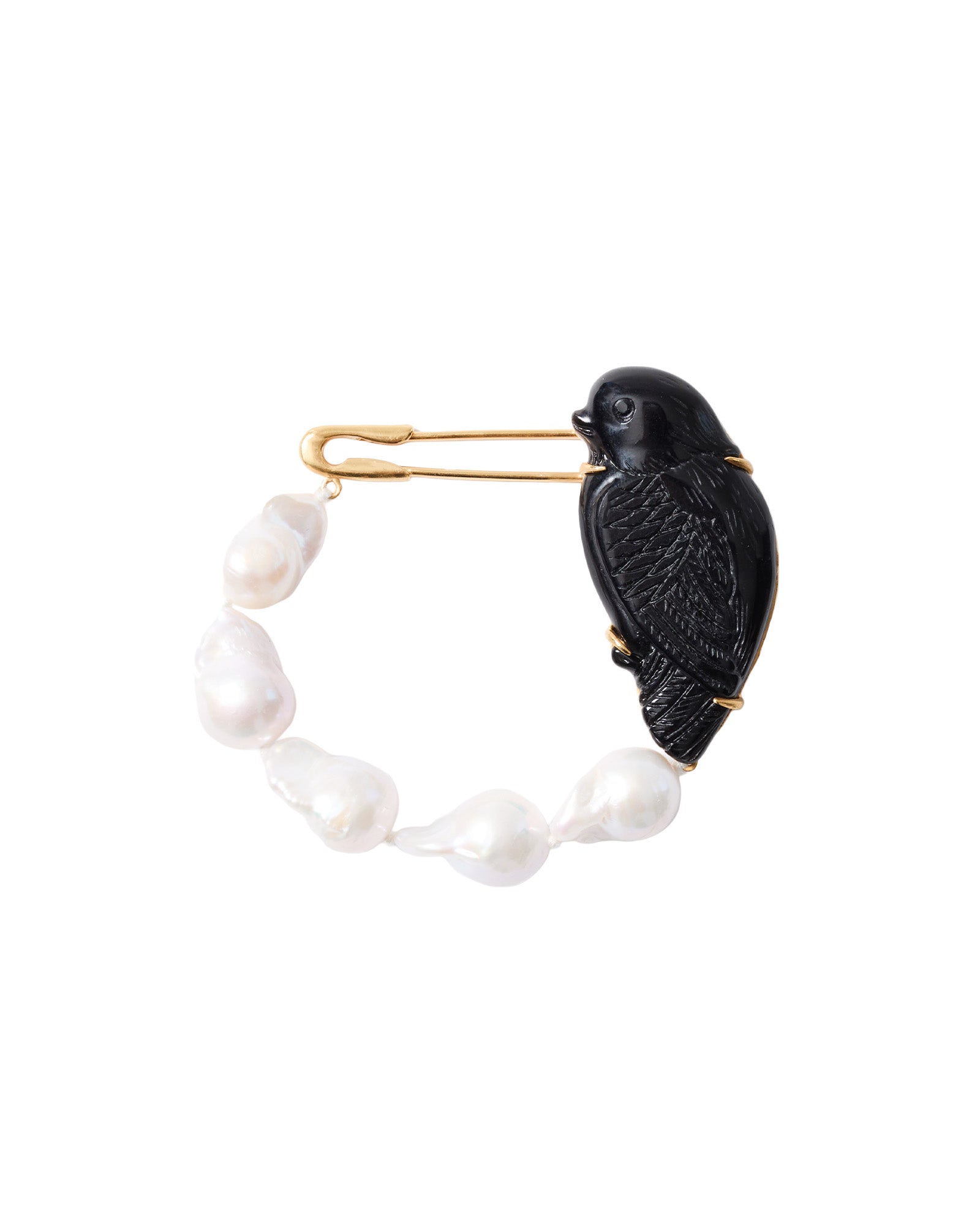 Carved Bird Fwp Safety Pin 18k Gold Plated, Black Obsidian, White Pearl