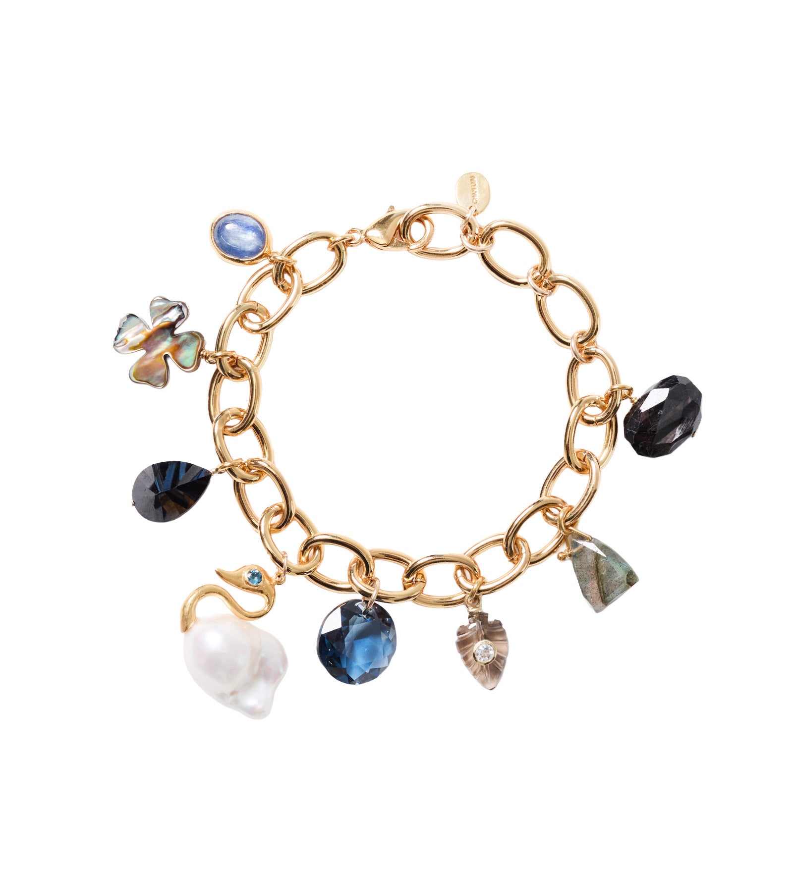 Swan Chrm Brac 18k Gold Plated, Pearl, Black Spinel