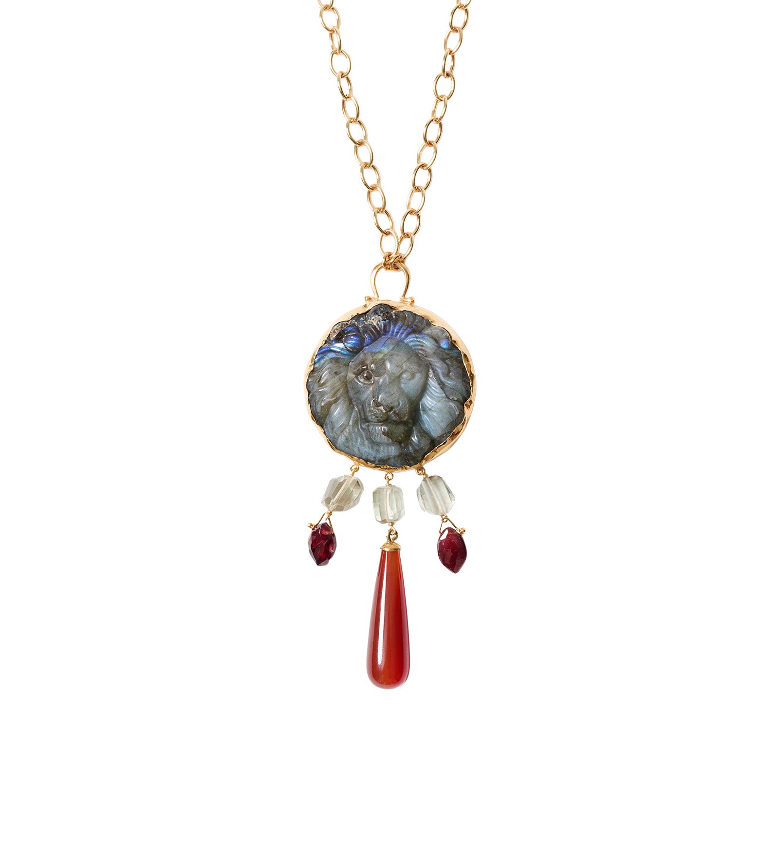Carved Lion Stn Nk 18k Gold Plated, Labradorite, Red Agate