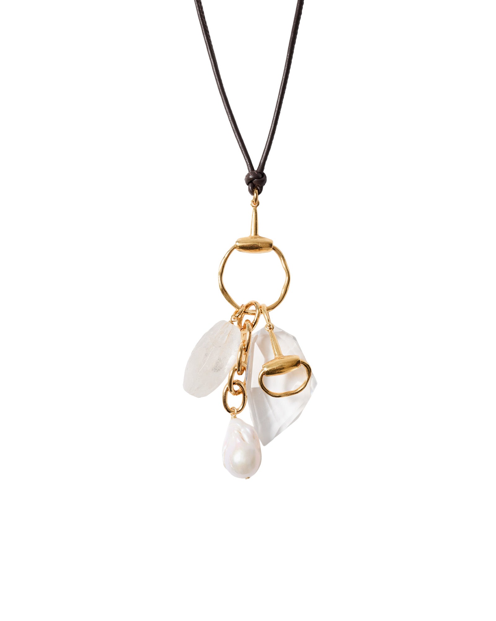 Horse Bit Chrm Lthr Nk 18k Gold Plated, Quartz, White Pearl