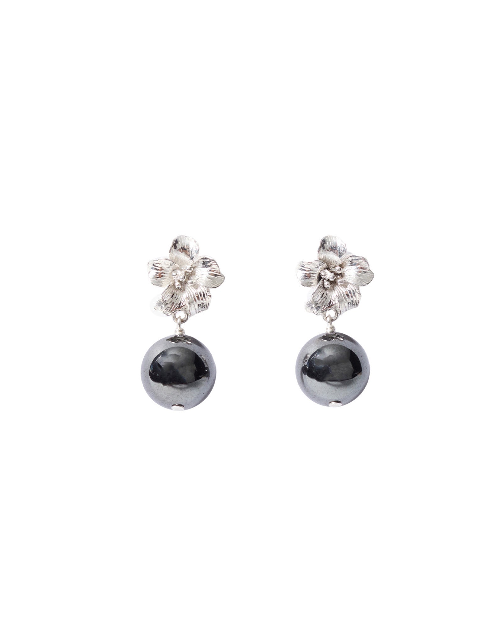 Flwr Ball Stn Stud Sterling Silver, Hematite