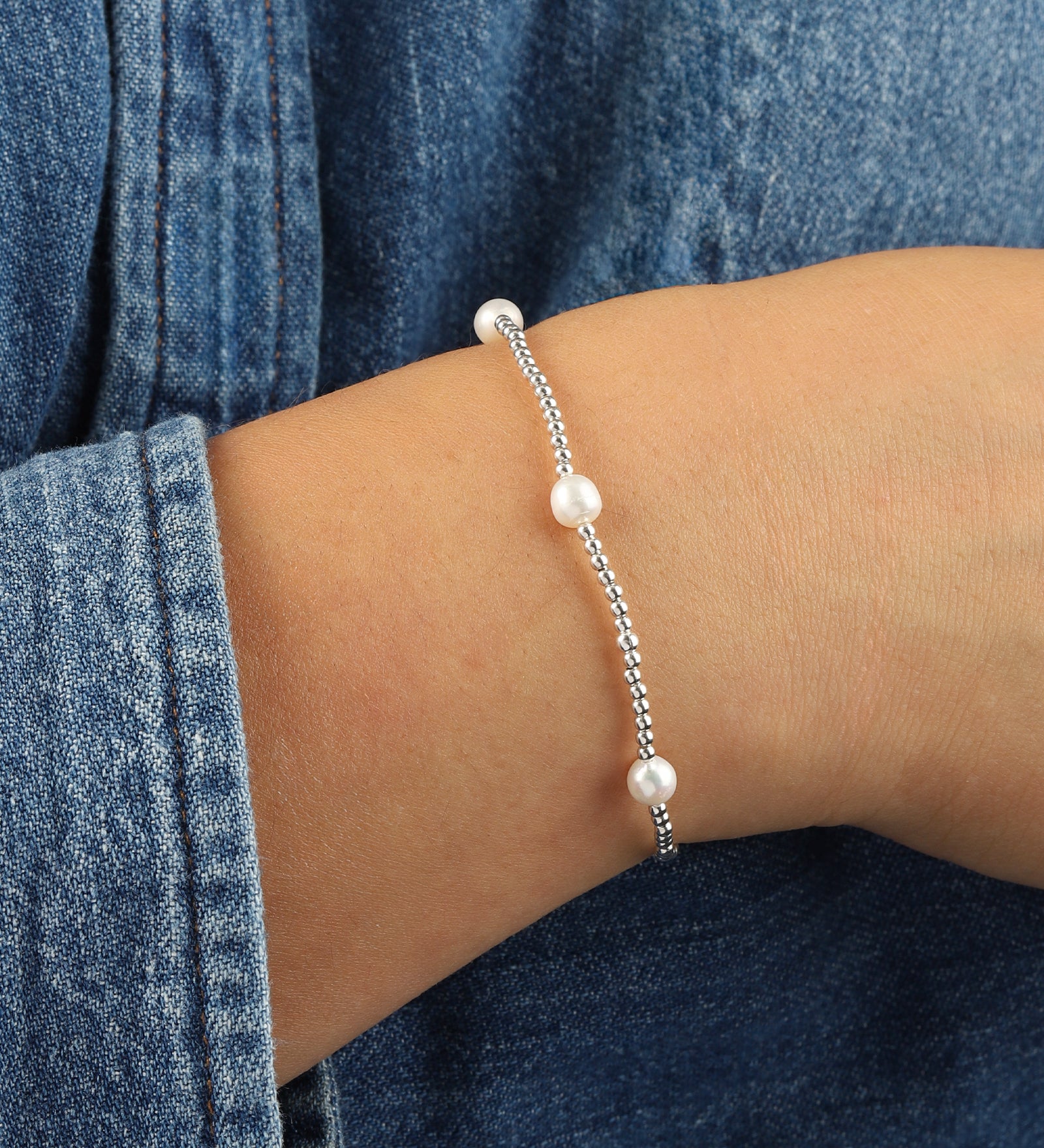 Small Beaded Station Pearl Bracelet | 2mm Sterling Silver, White Pearl