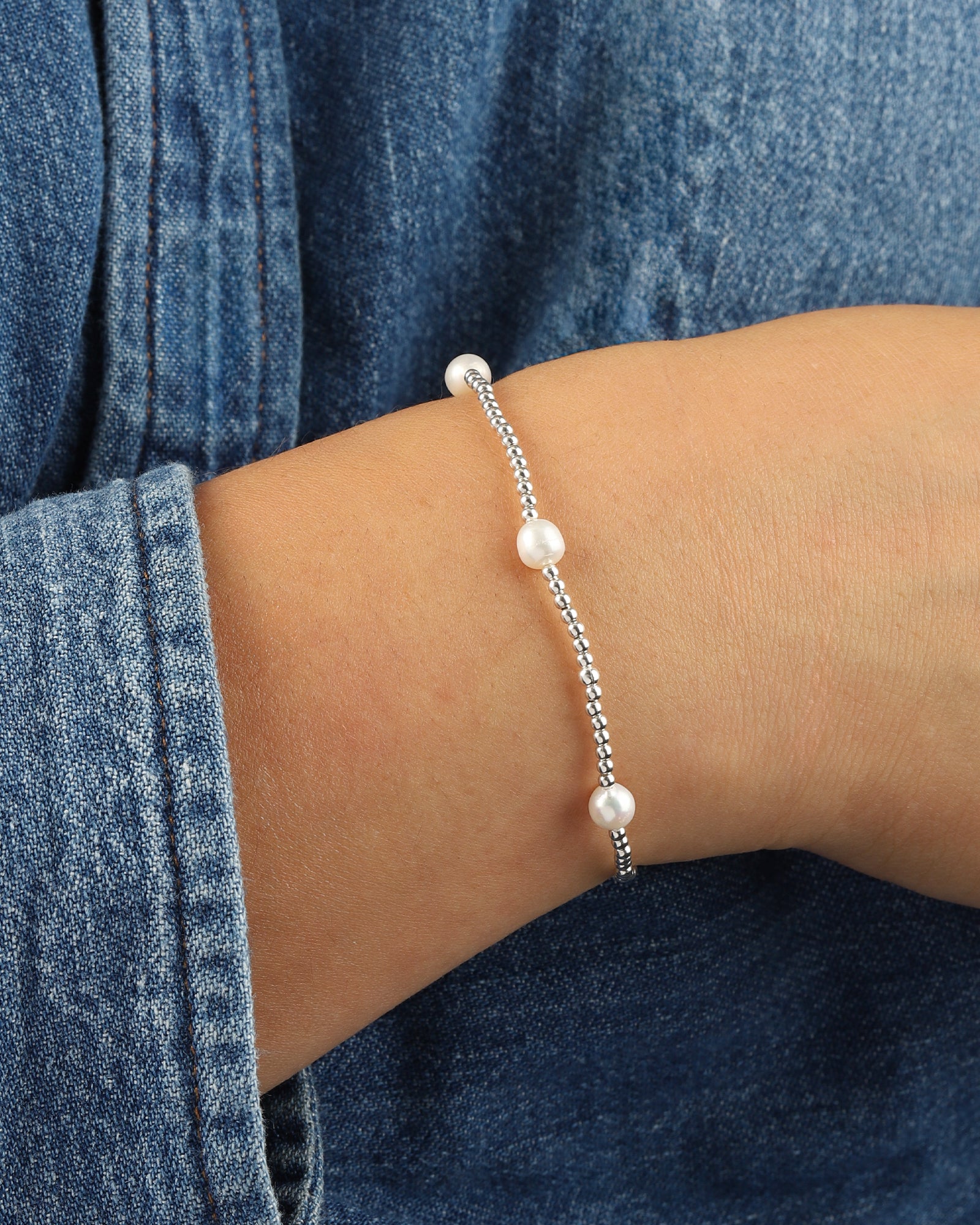 Small Beaded Station Pearl Bracelet | 2mm Sterling Silver, White Pearl