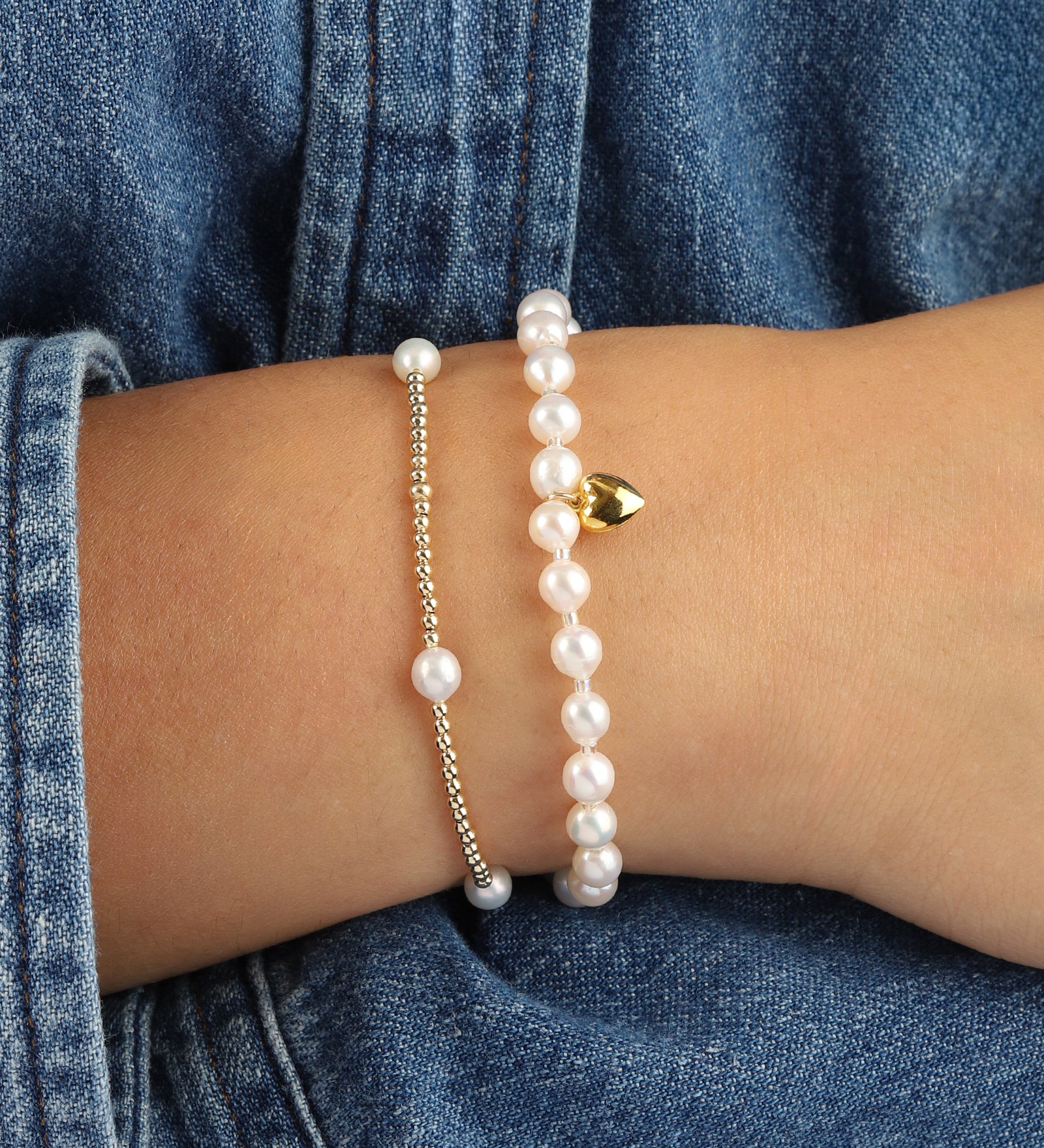 Small Pearl Miyuki Heart Drop Bracelet 14k Gold Filled, White Pearl