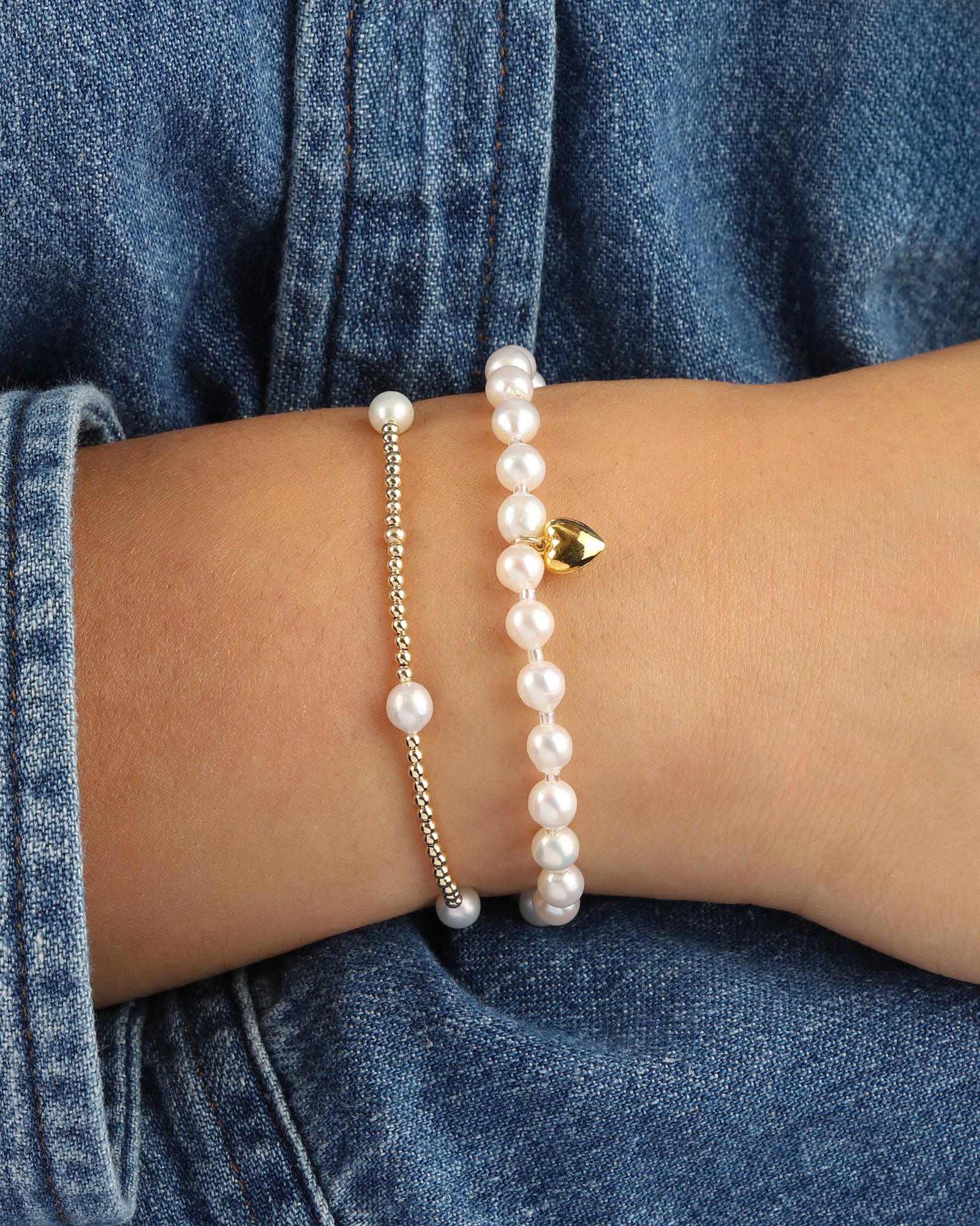 Small Pearl Miyuki Heart Drop Bracelet 14k Gold Filled, White Pearl