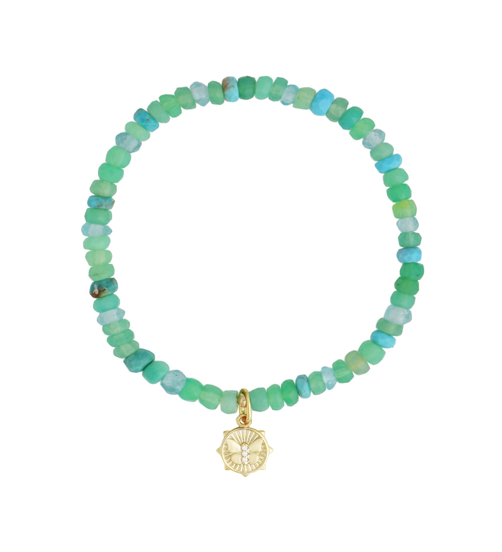 Cause We Care-Butterfly Disc Charm Beaded Bracelet-Bracelets-14k Gold Filled, 14k Gold Vermeil, Chrysoprase-Blue Ruby Jewellery-Vancouver Canada