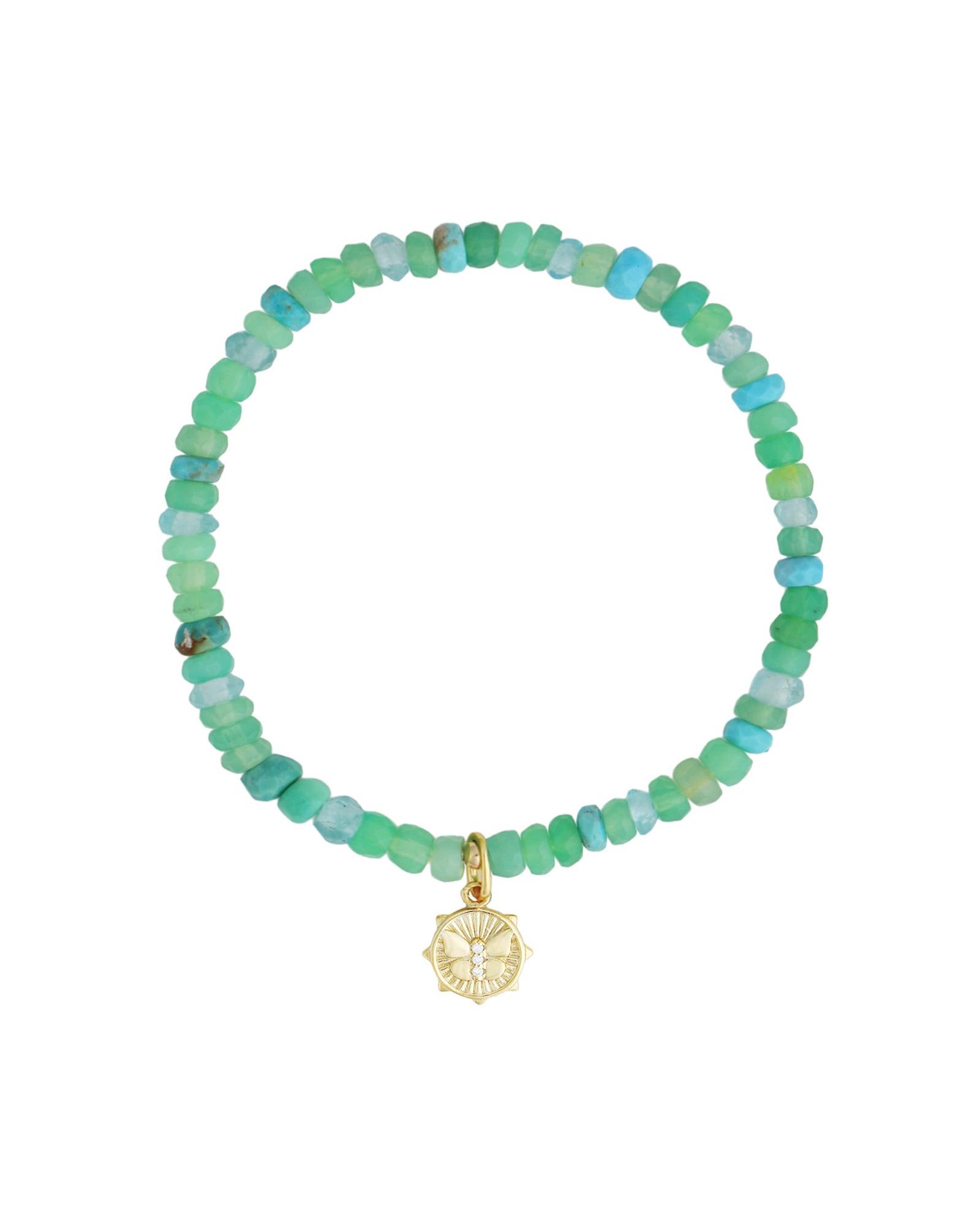 Cause We Care-Butterfly Disc Charm Beaded Bracelet-Bracelets-14k Gold Filled, 14k Gold Vermeil, Chrysoprase-Blue Ruby Jewellery-Vancouver Canada