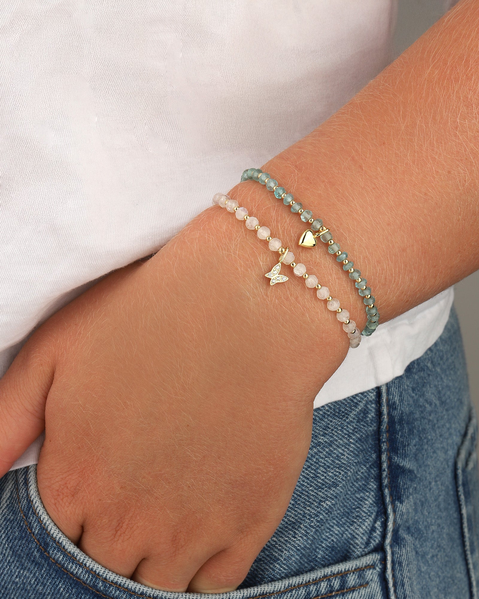 Butterfly Charm Beaded Moonstone Bracelet 14k Gold Filled, Moonstone, Cubic Zirconia