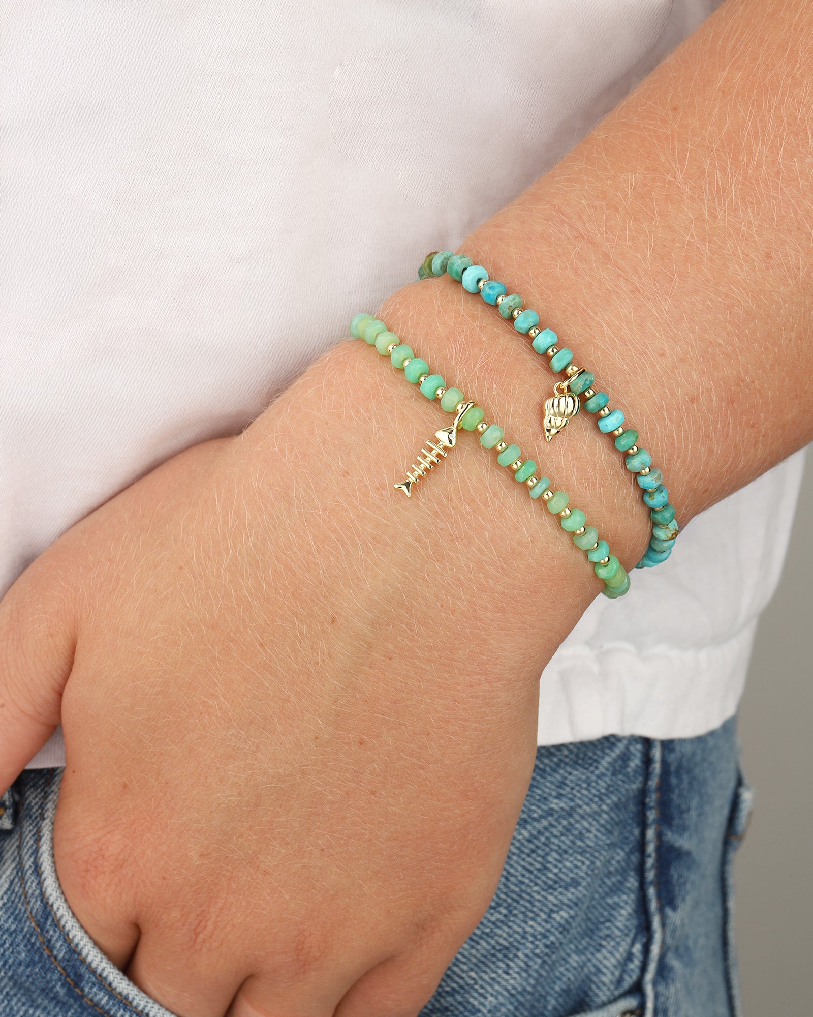 Fish Charm Beaded Chrysoprase Bracelet 14k Gold Filled, Chrysoprase, Cubic Zirconia
