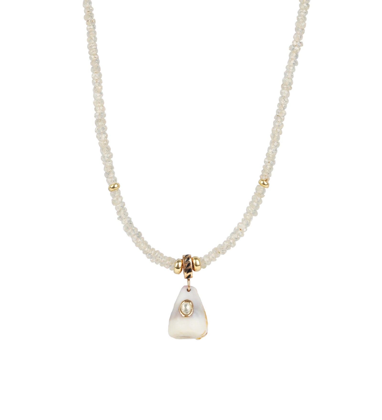 Shell Charm Beaded Necklace 14k Yellow Gold, Zircon, Diamond