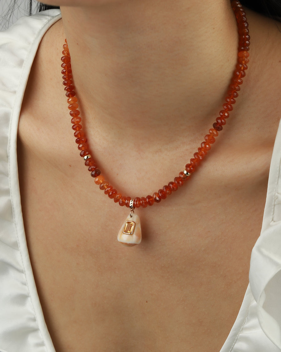 Conus Shell Mandarin Garnet Necklace 18k Rose Gold, White Pearl