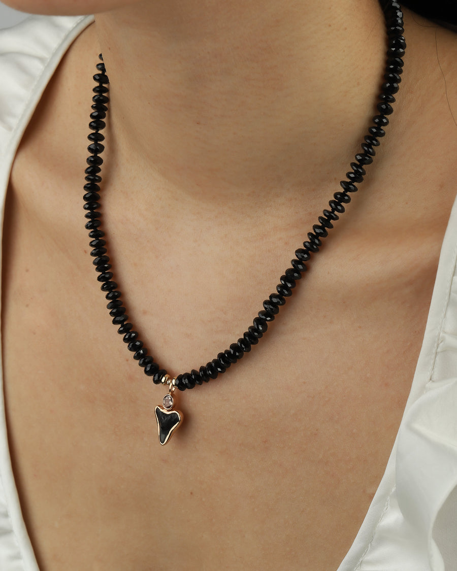 Oval Black Spinel Tooth Necklace 18k Rose Gold, White Pearl