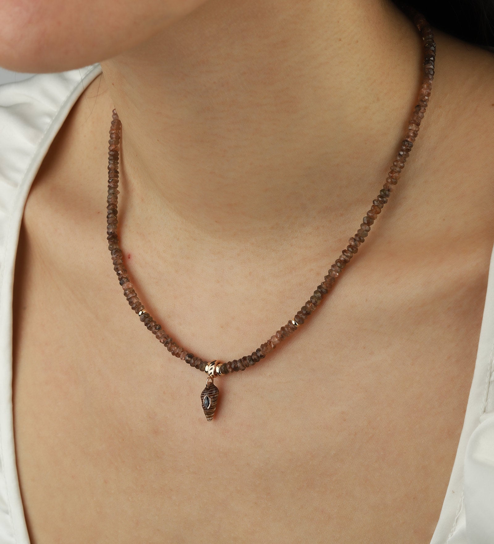 Shell Marquis Brown Sapphire Necklace 18k Rose Gold, White Pearl
