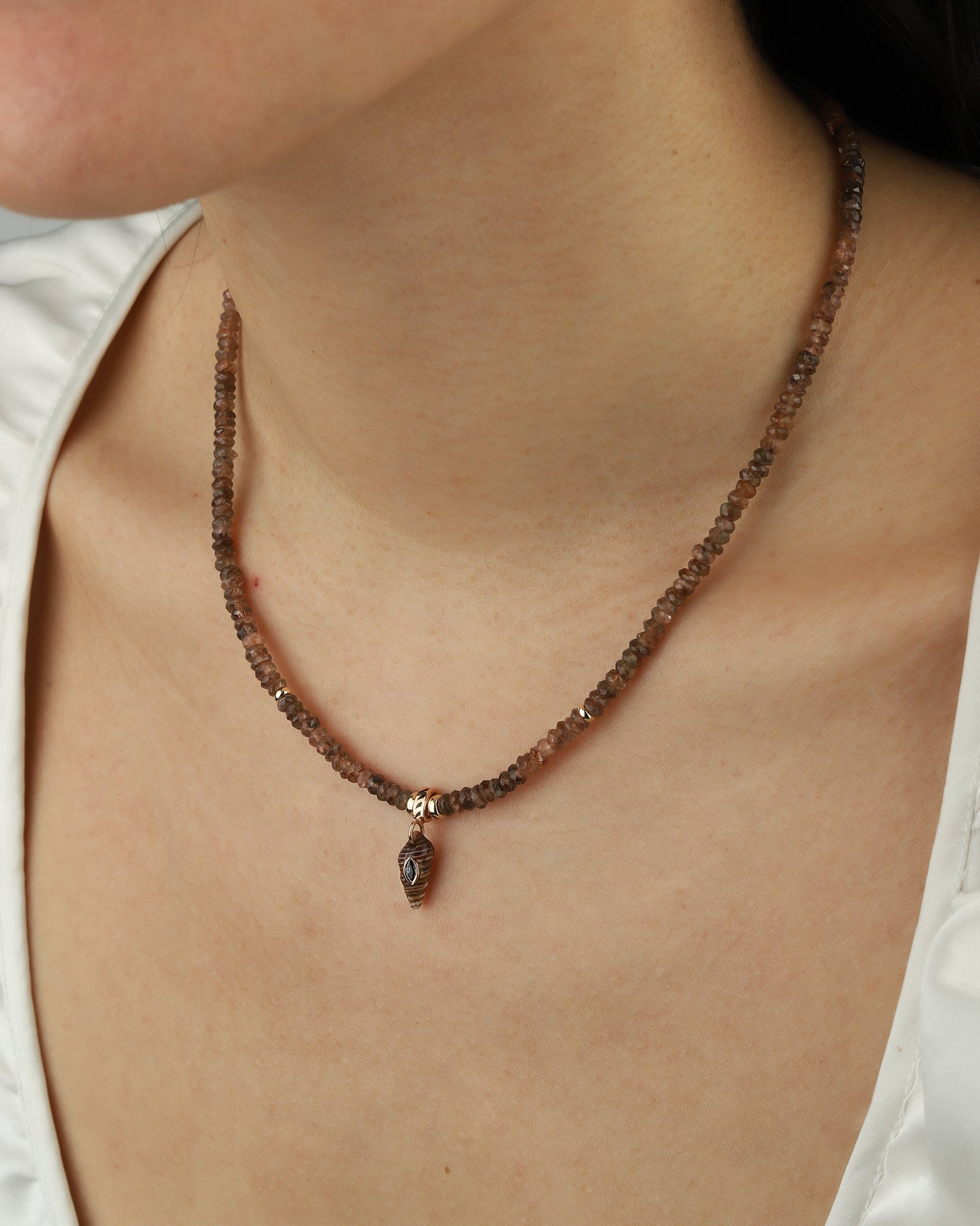 Shell Marquis Brown Sapphire Necklace 18k Rose Gold, White Pearl